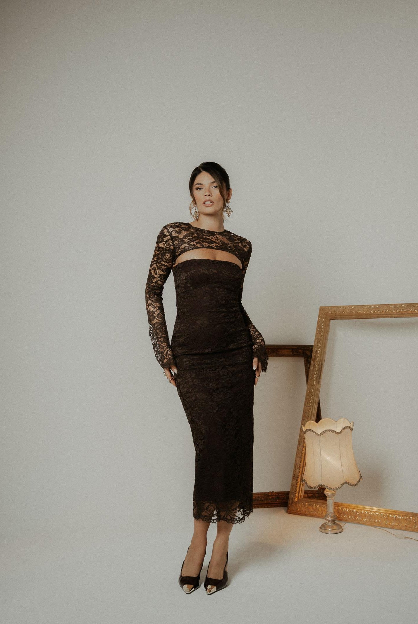 SANTAS Abito midi CHARME in pizzo marrone da donna PV2602 MA SANTAS