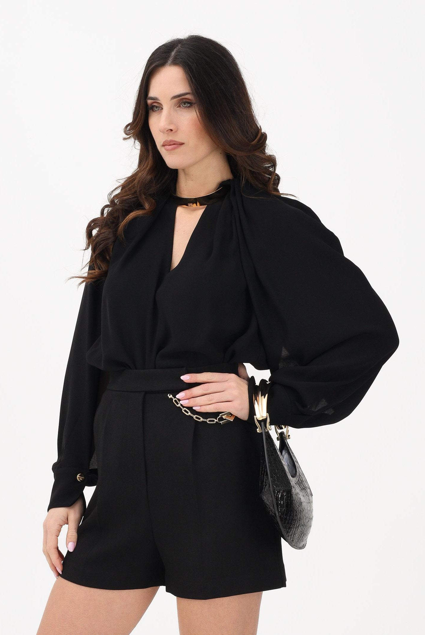 ELISABETTA FRANCHI Blusa nera da donna con dettaglio gioiello CA12961E2 110 ELISABETTA FRANCHI