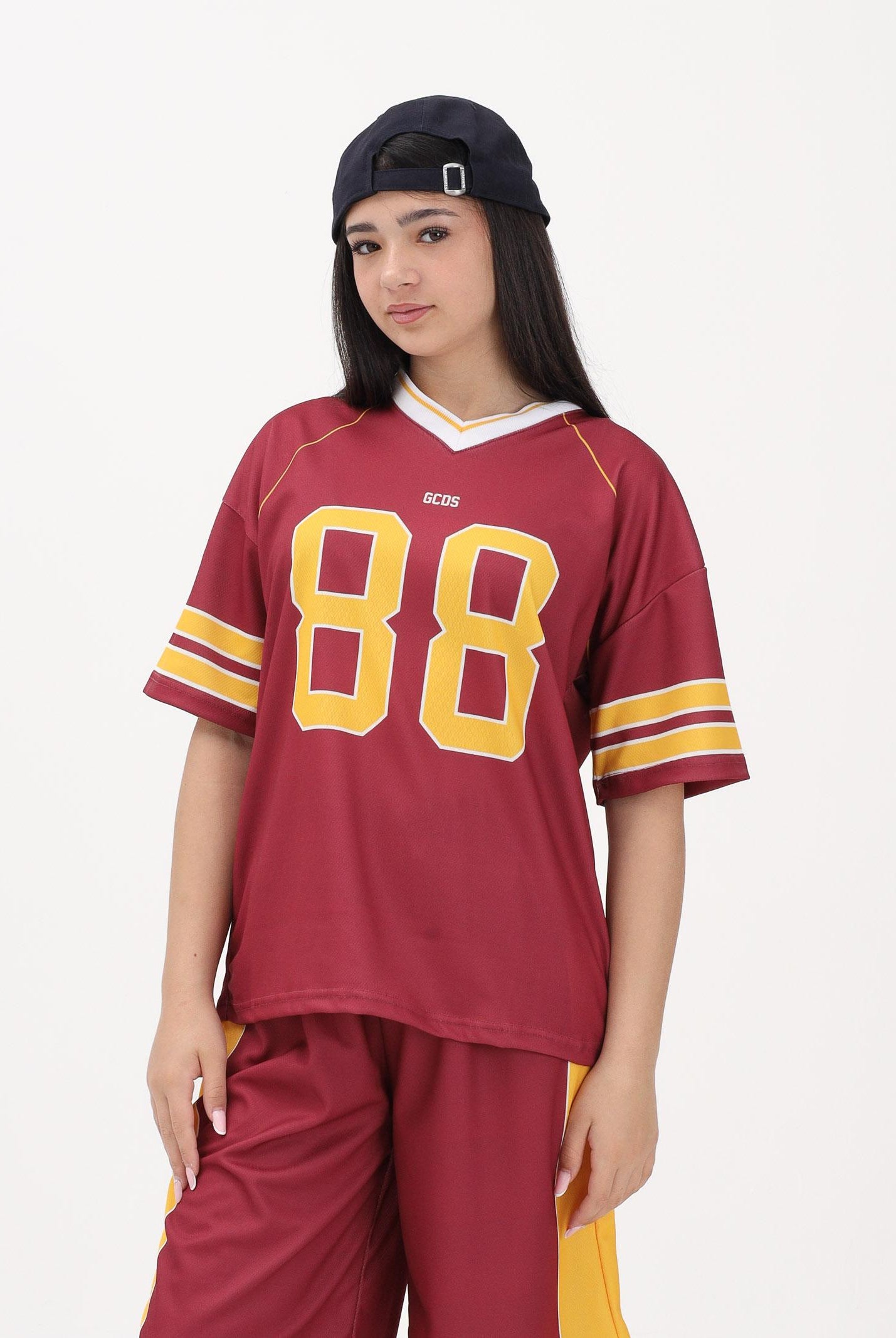 GCDS T-shirt a manica corta bordeaux per donna, ragazzi e bambini stile college C1BJQC709J338 468Y GCDS