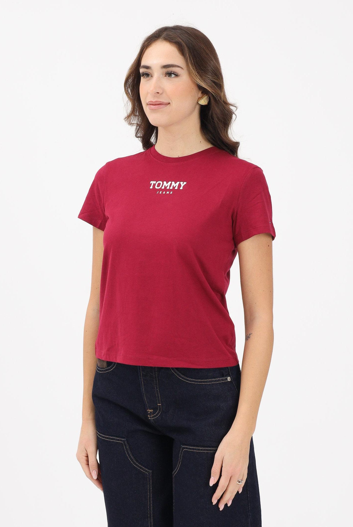 TOMMY JEANS T-shirt a manica corta bordeaux da donna con logo DW0DW21842 VLC TOMMY JEANS