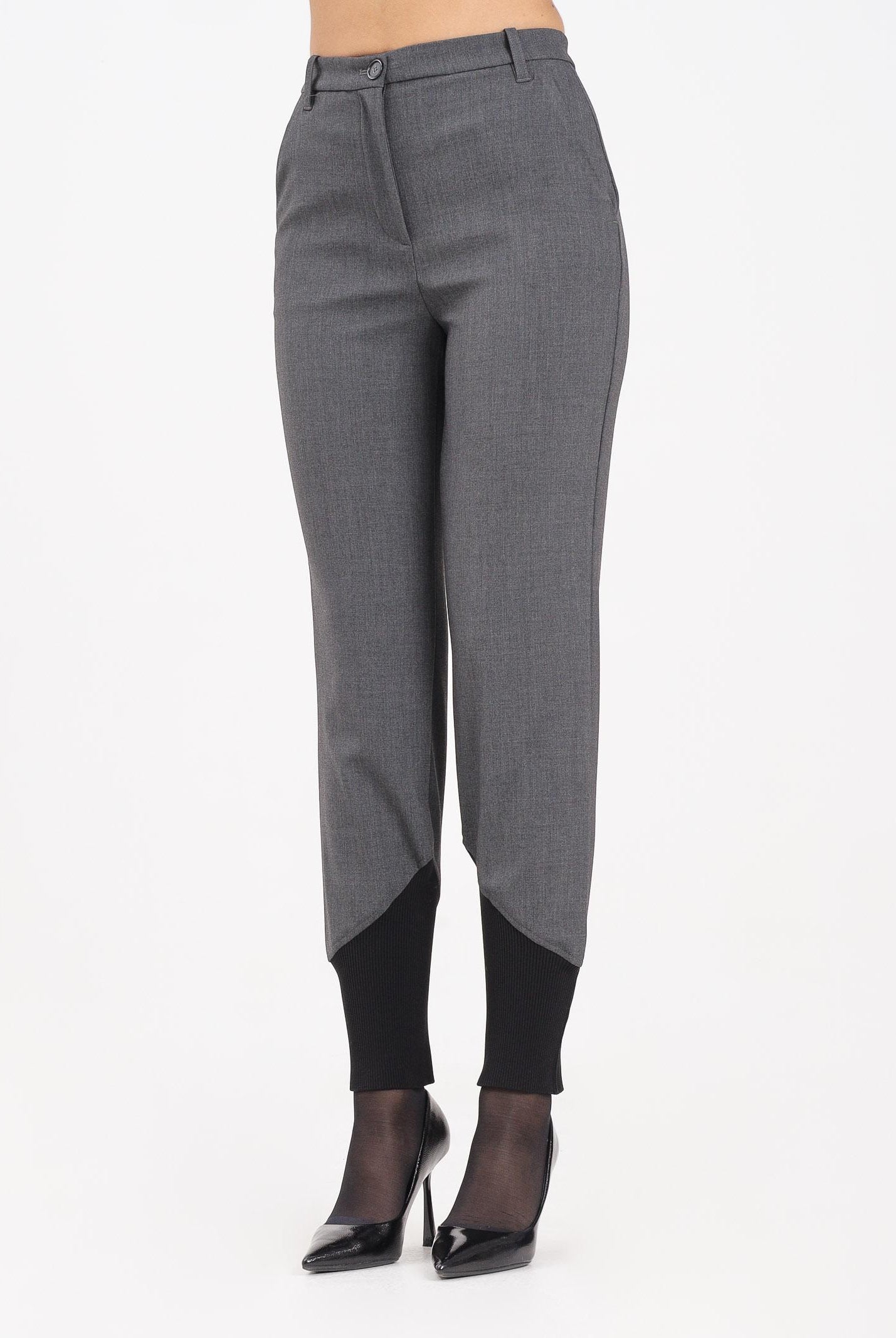 PINKO Pantalone elegante grigio da donna con inserto in maglia nera a costine 106120A2ZT I90 PINKO