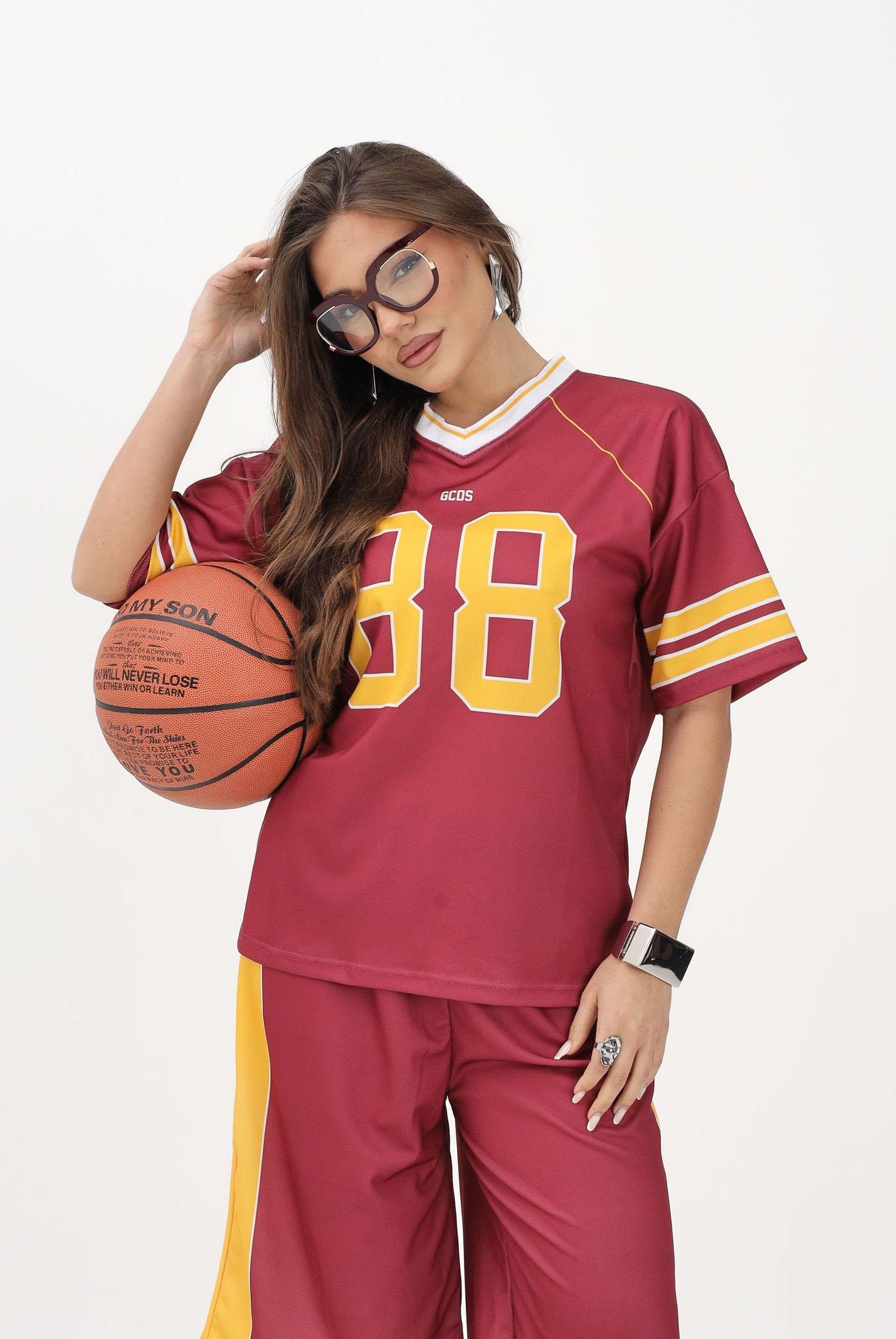 GCDS T-shirt a manica corta bordeaux per donna, ragazzi e bambini stile college C1BJQC709J338 468Y GCDS