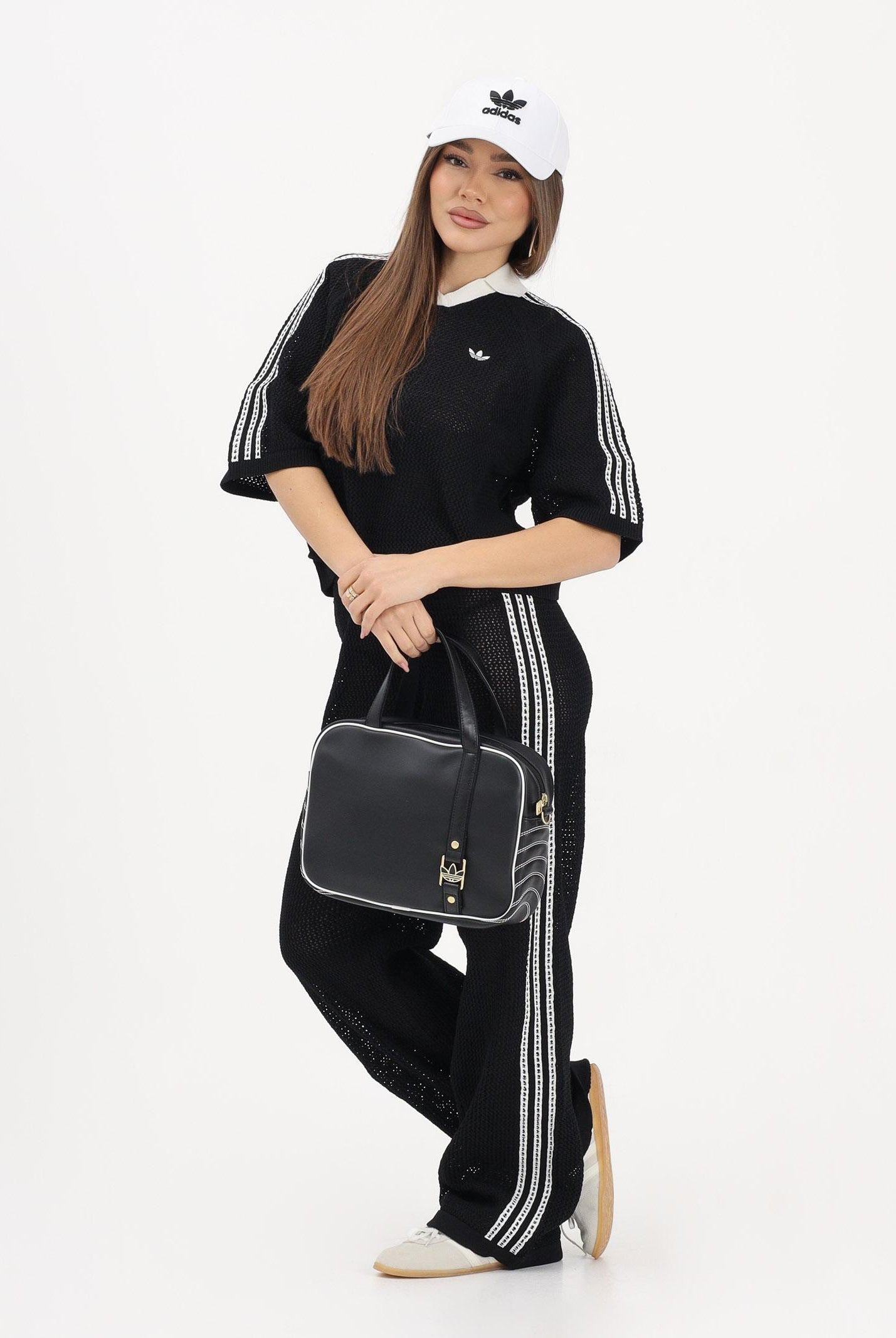 ADIDAS ORIGINALS Polo a manica corta KNITTED CROCHET nera da donna KC6491 . ADIDAS ORIGINALS