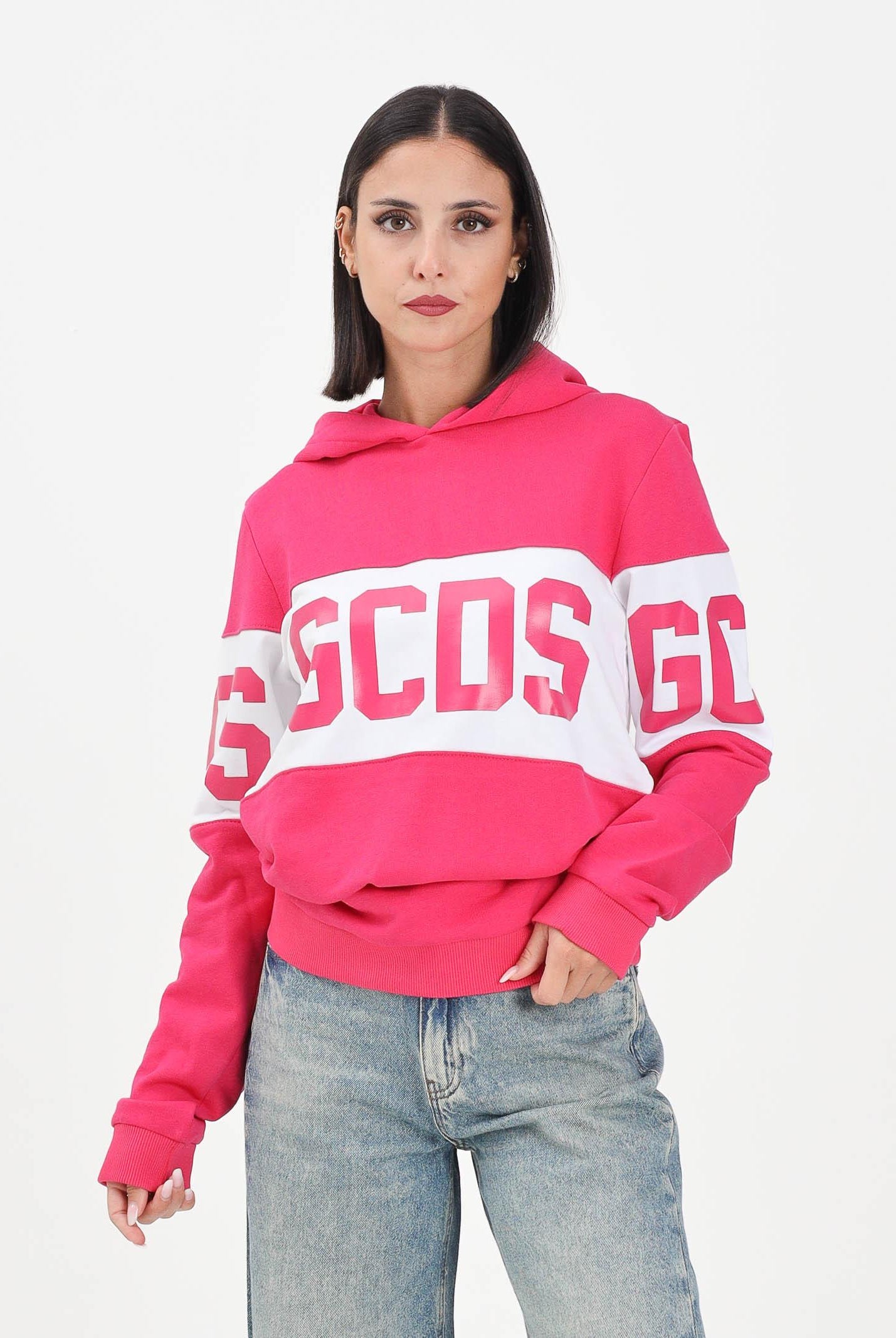 GCDS Felpa con cappuccio fucsia per donna, ragazze e bambine rifinita da stampa logo B2JU1926BA2 59 GCDS