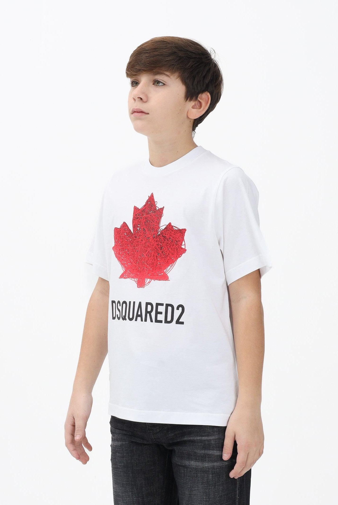 DSQUARED2 T-shirt a manica corta bianca per donna, ragazzi e bambini con logo e maxi foglia d'acero DQ3176D00XM DQ100 DSQUARED2