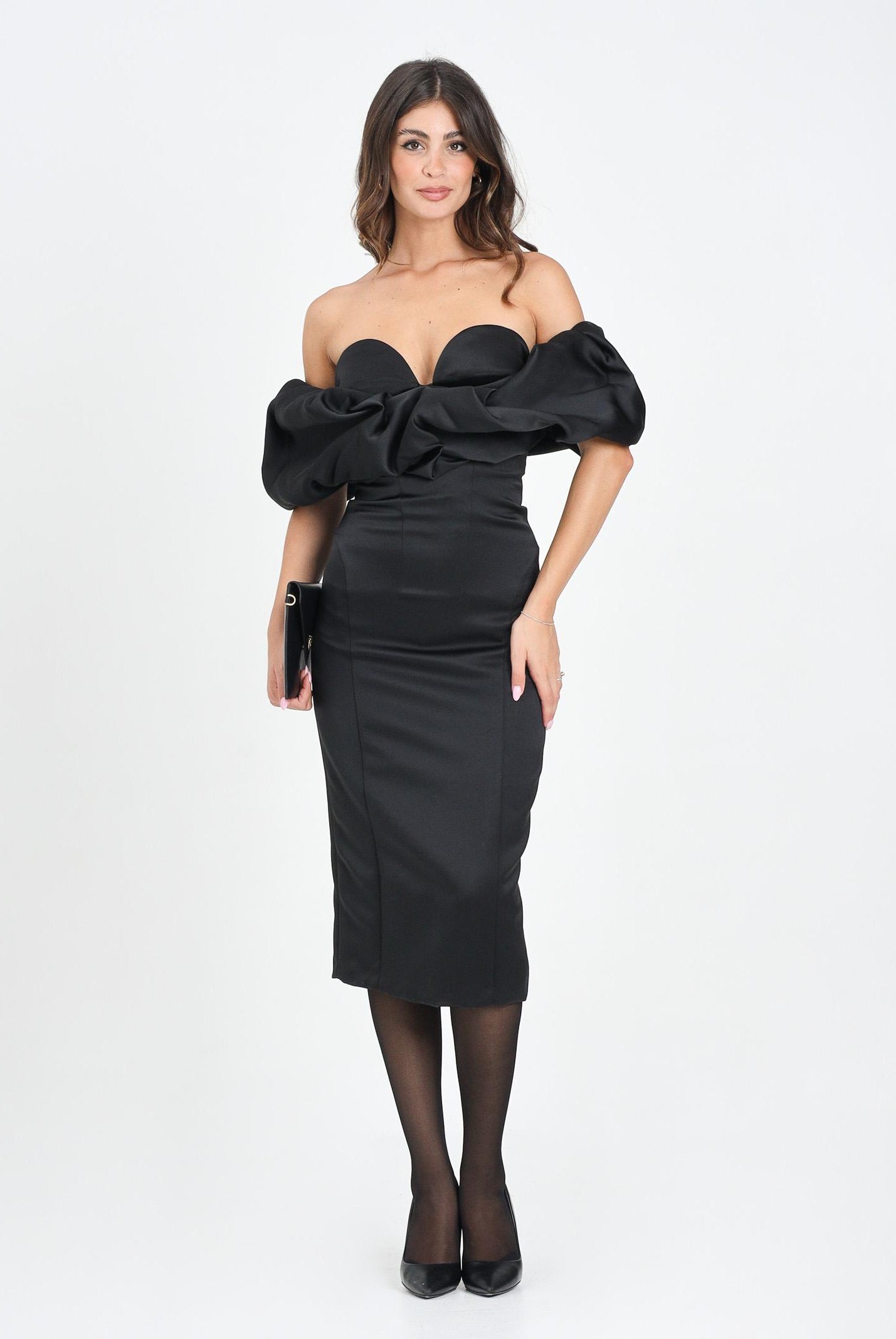 ELISABETTA FRANCHI Abito midi nero da donna con scollo 3D<BR/> AB71456E2 110 ELISABETTA FRANCHI