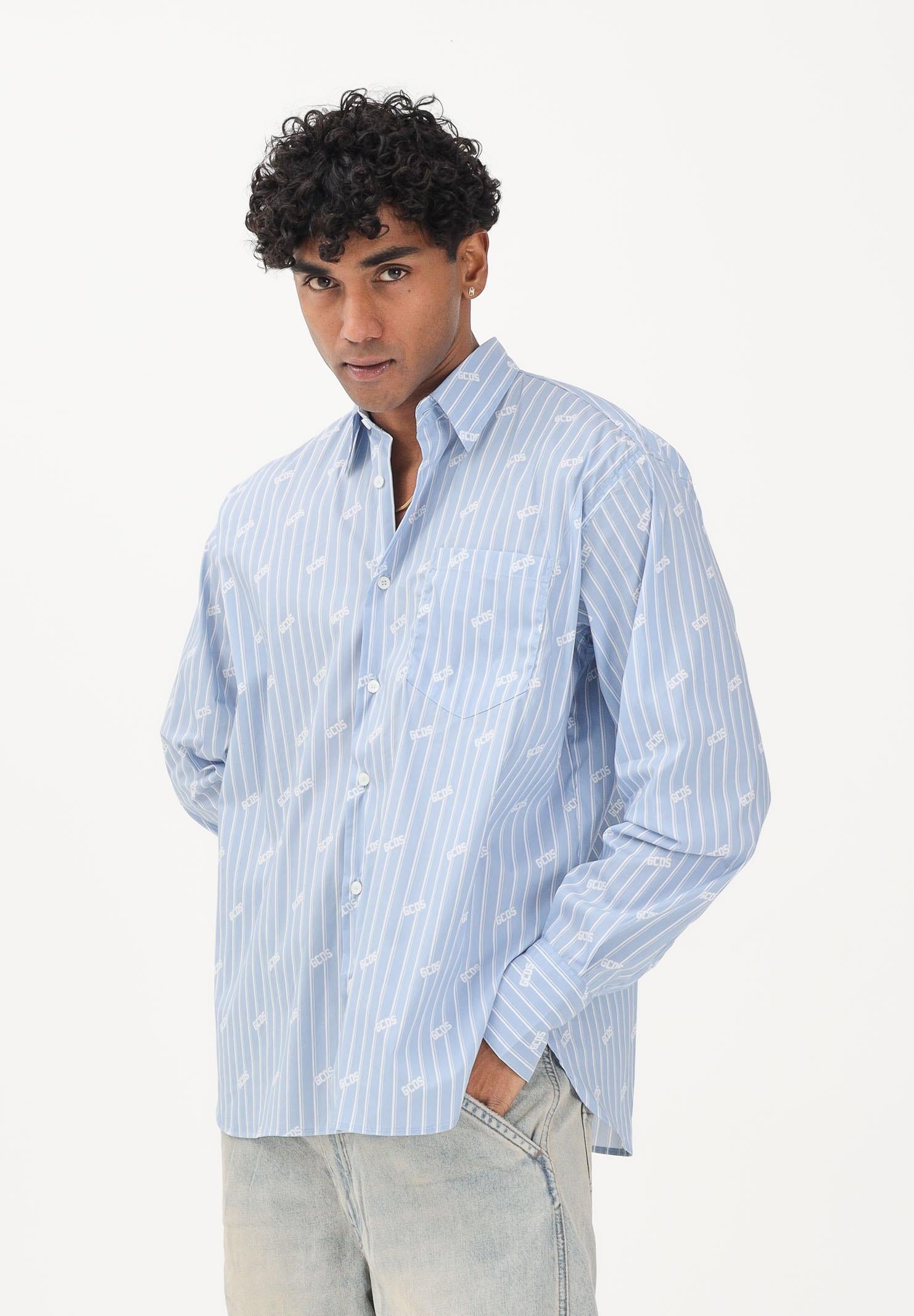 GCDS Camicia a manica lunga azzurra da uomo con logo C1MWQH166B061 733A GCDS