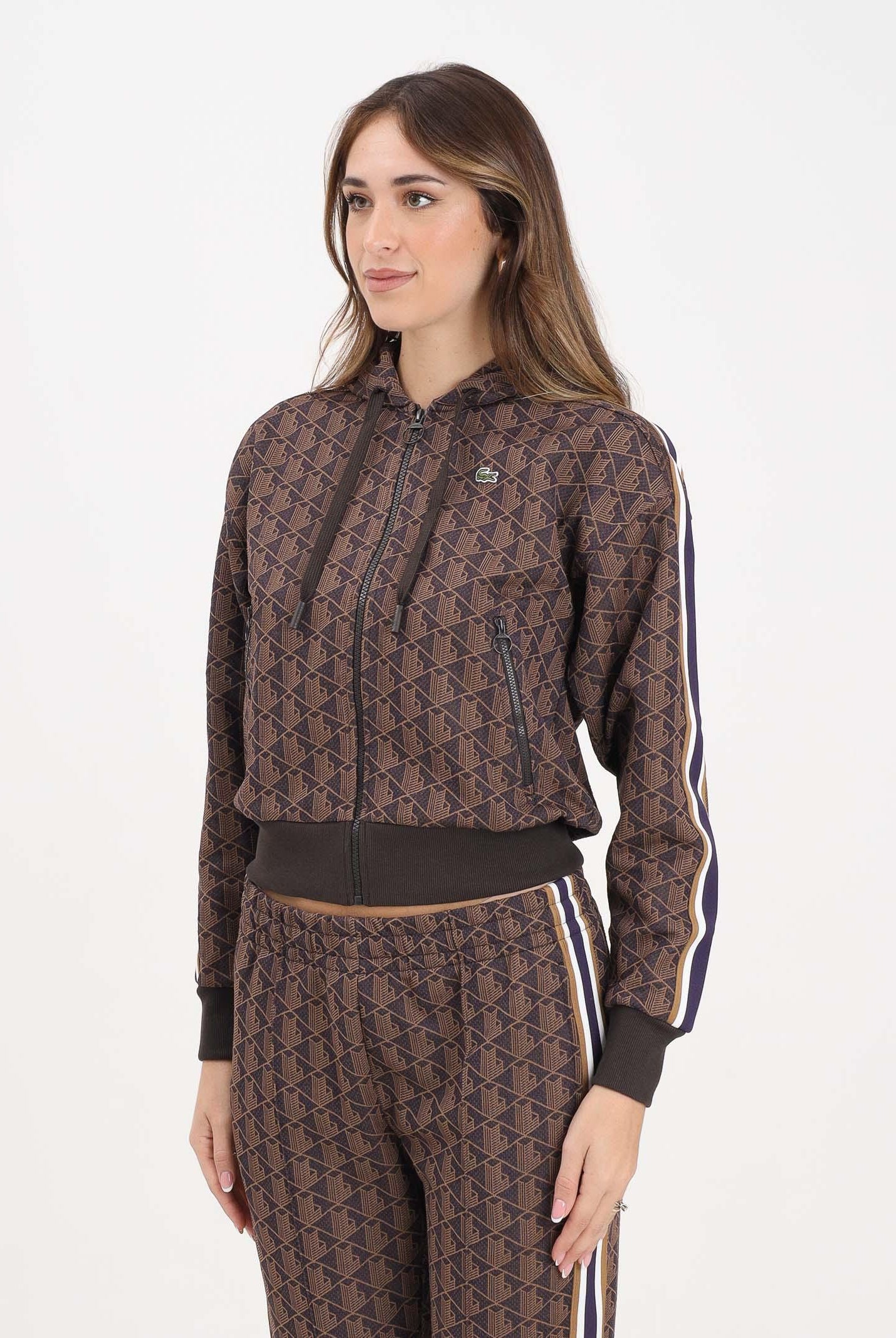 LACOSTE Felpa con zip marrone da donna in jacquard con monogramma SF7606 9I4 LACOSTE