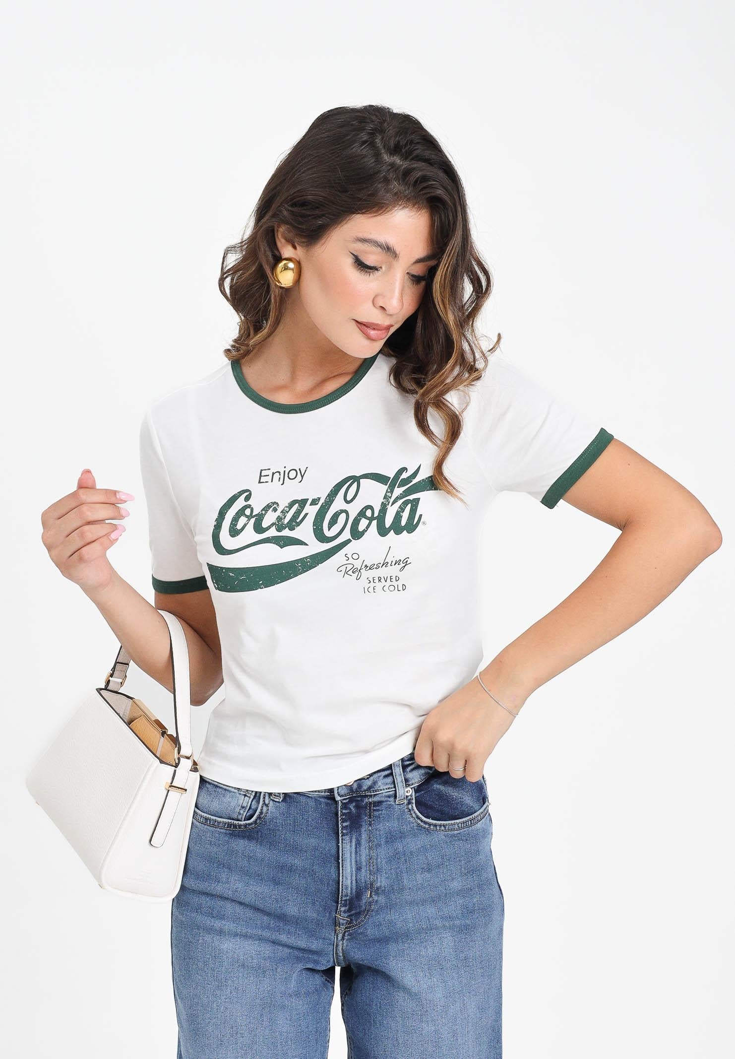 ONLY T-shirt a manica corta bianca e verde da donna con stampa Coca-Cola 15355835 ENJOY ONLY