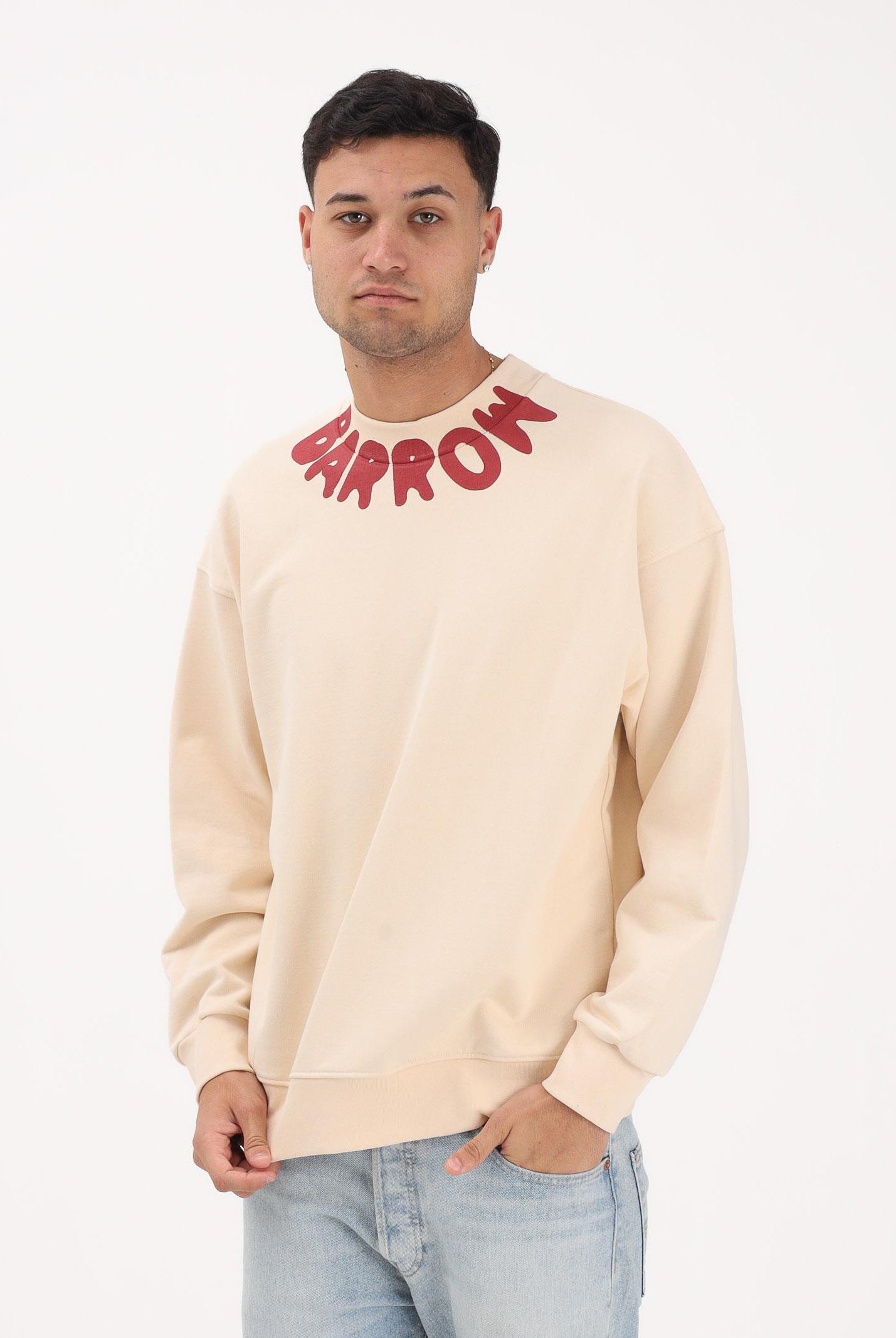 BARROW Felpa girocollo crema per uomo e donna con logo al collo S6BWUASW070 013 BARROW