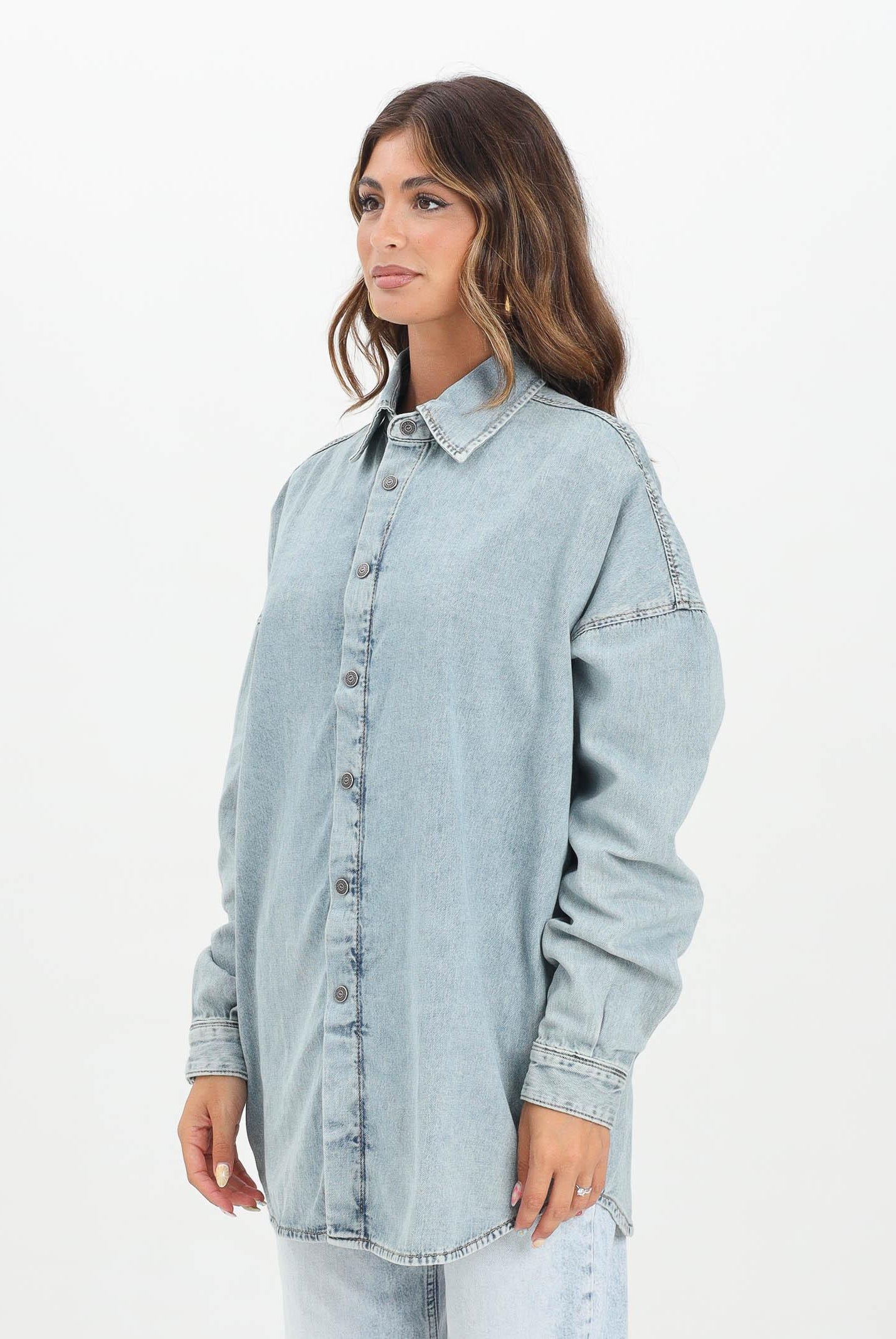 DIESEL Camicia a manica lunga in denim chiaro per donna, ragazzi e bambini con maxi logo Oval D J02307KXBPS K01 DIESEL