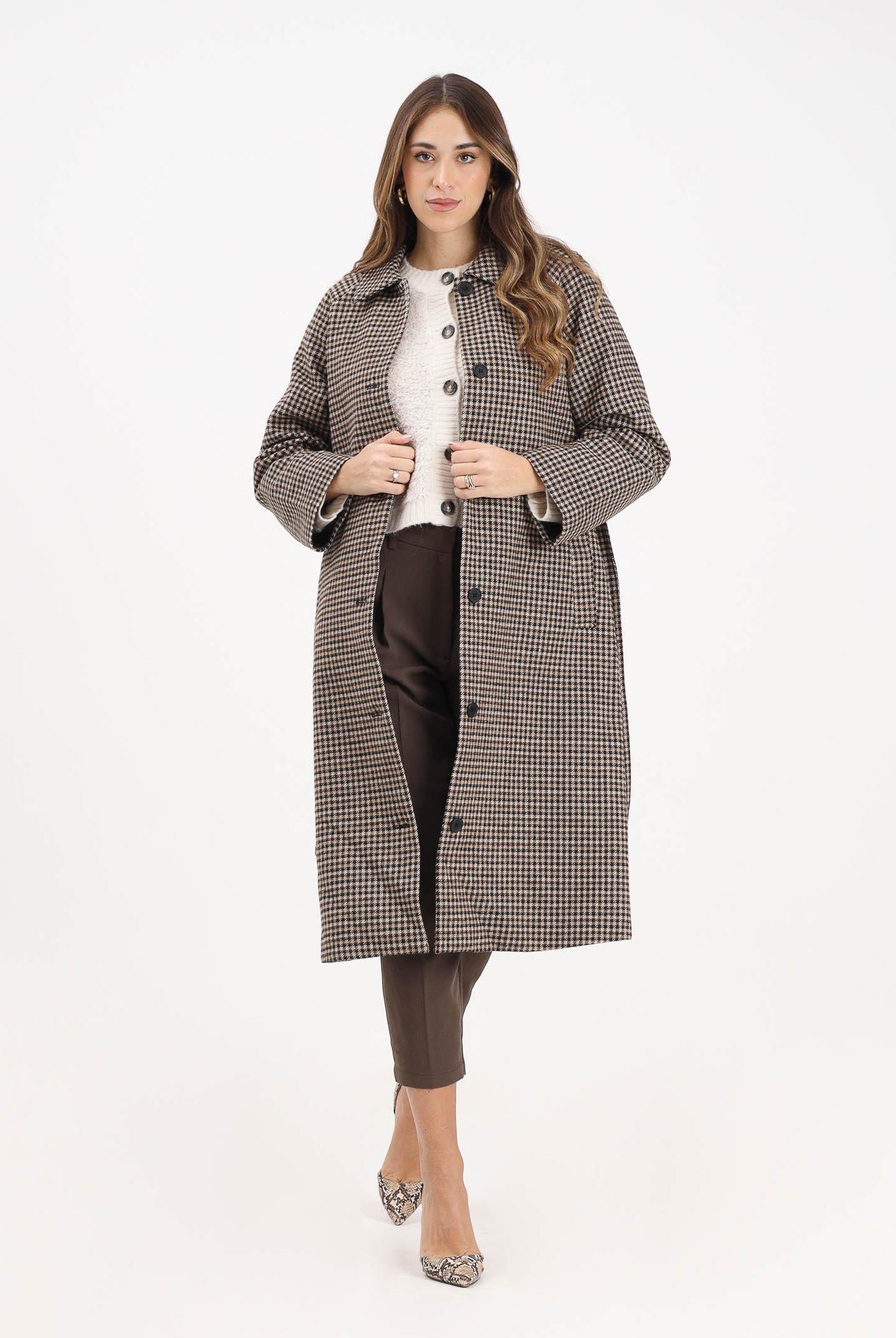 JDY Cappotto lungo marrone da donna con motivo pied de poule 15357594 IcedCoffee JDY