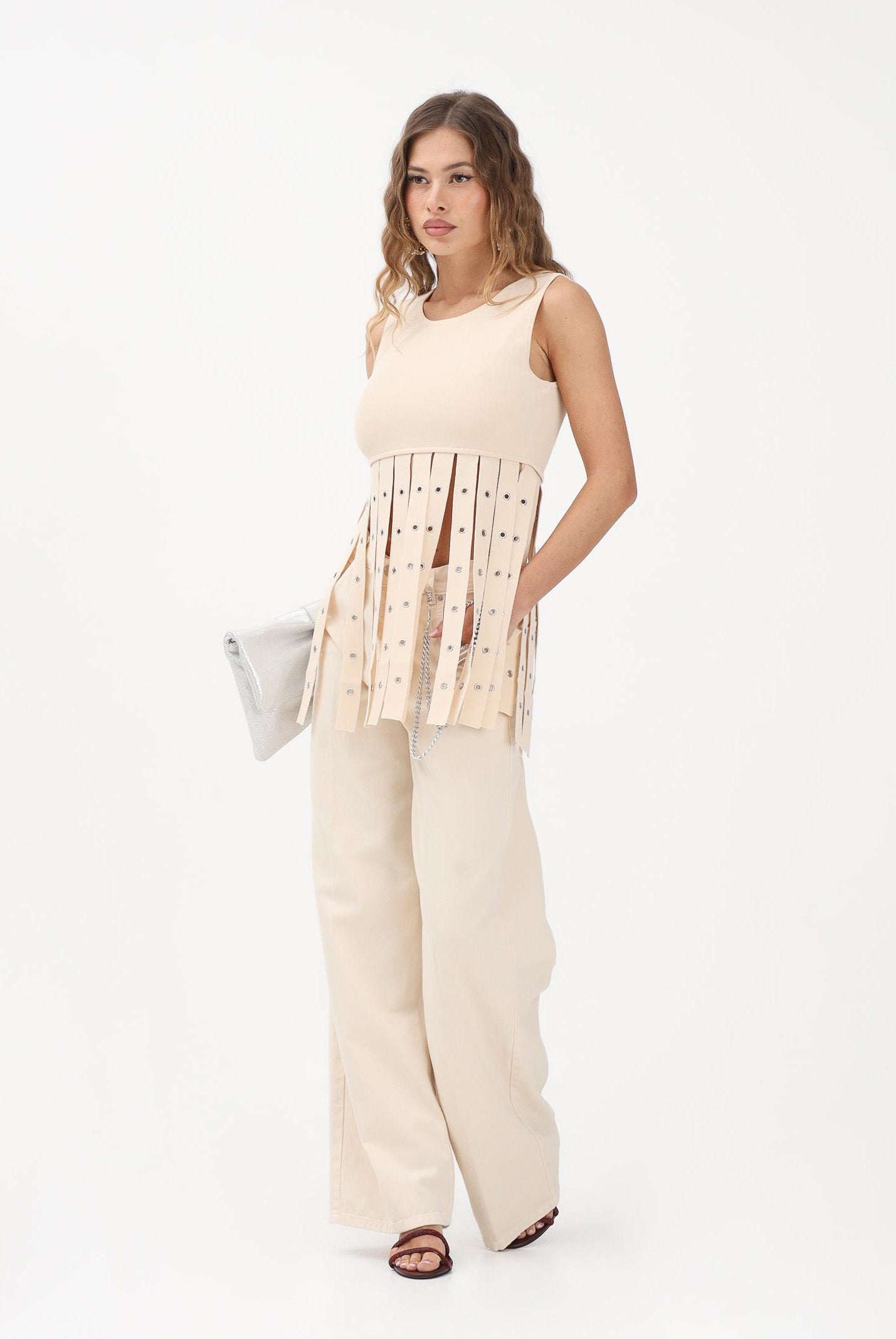 PATRIZIA PEPE Top in maglia panna da donna con frange 8K0413K324 W409 PATRIZIA PEPE