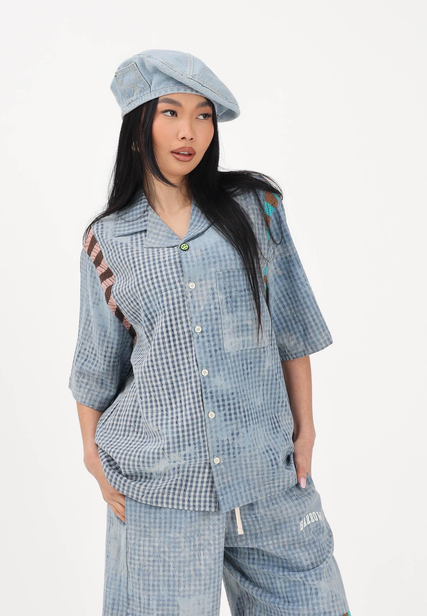 BARROW Camicia a manica corta celeste per uomo e donna con stampa micro check S6BWUASI055 172 BARROW