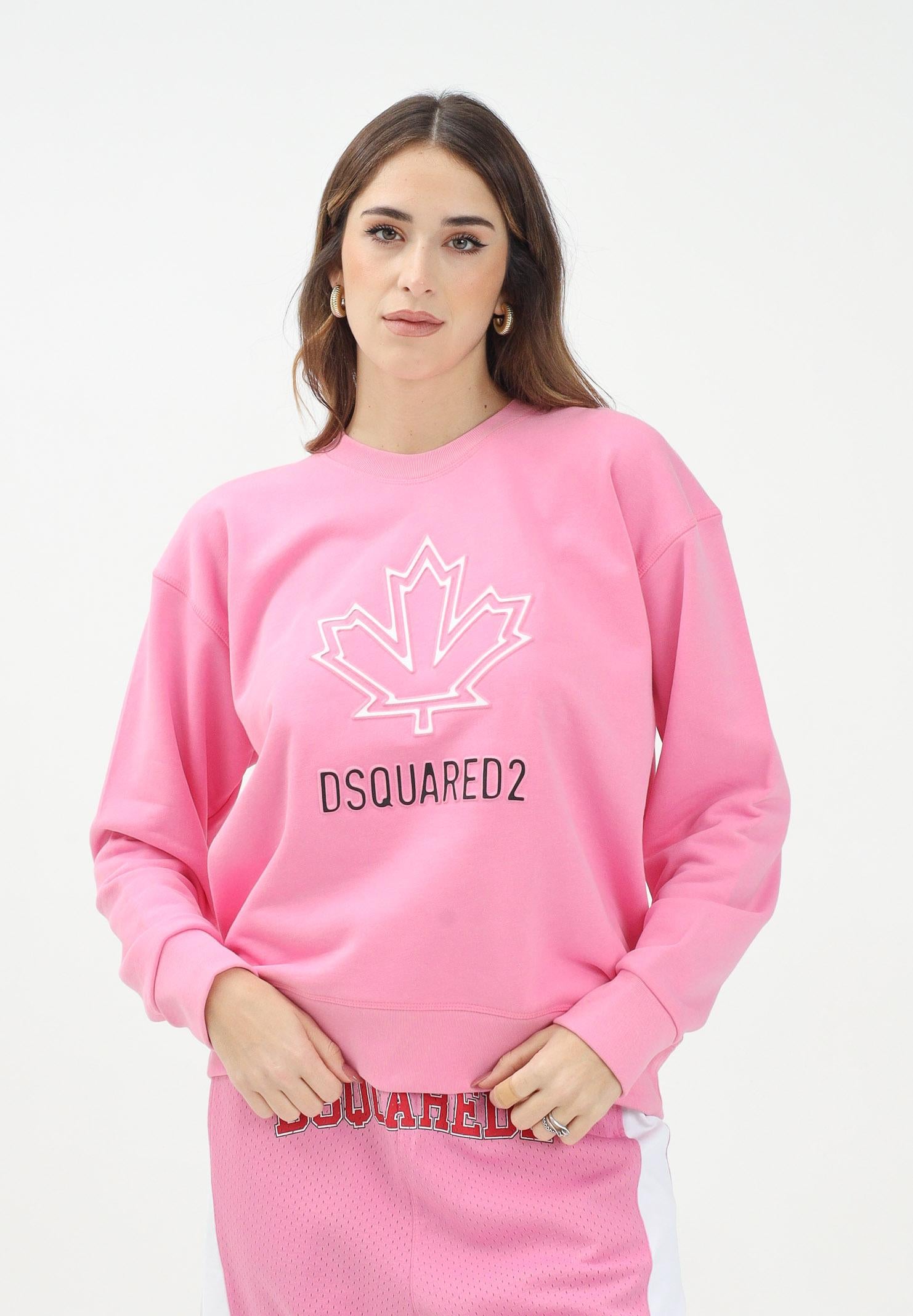 DSQUARED2 Felpa girocollo rosa per donna e bambina con foglia d'acero e logo DQ2786D0A9U DQ321 DSQUARED2
