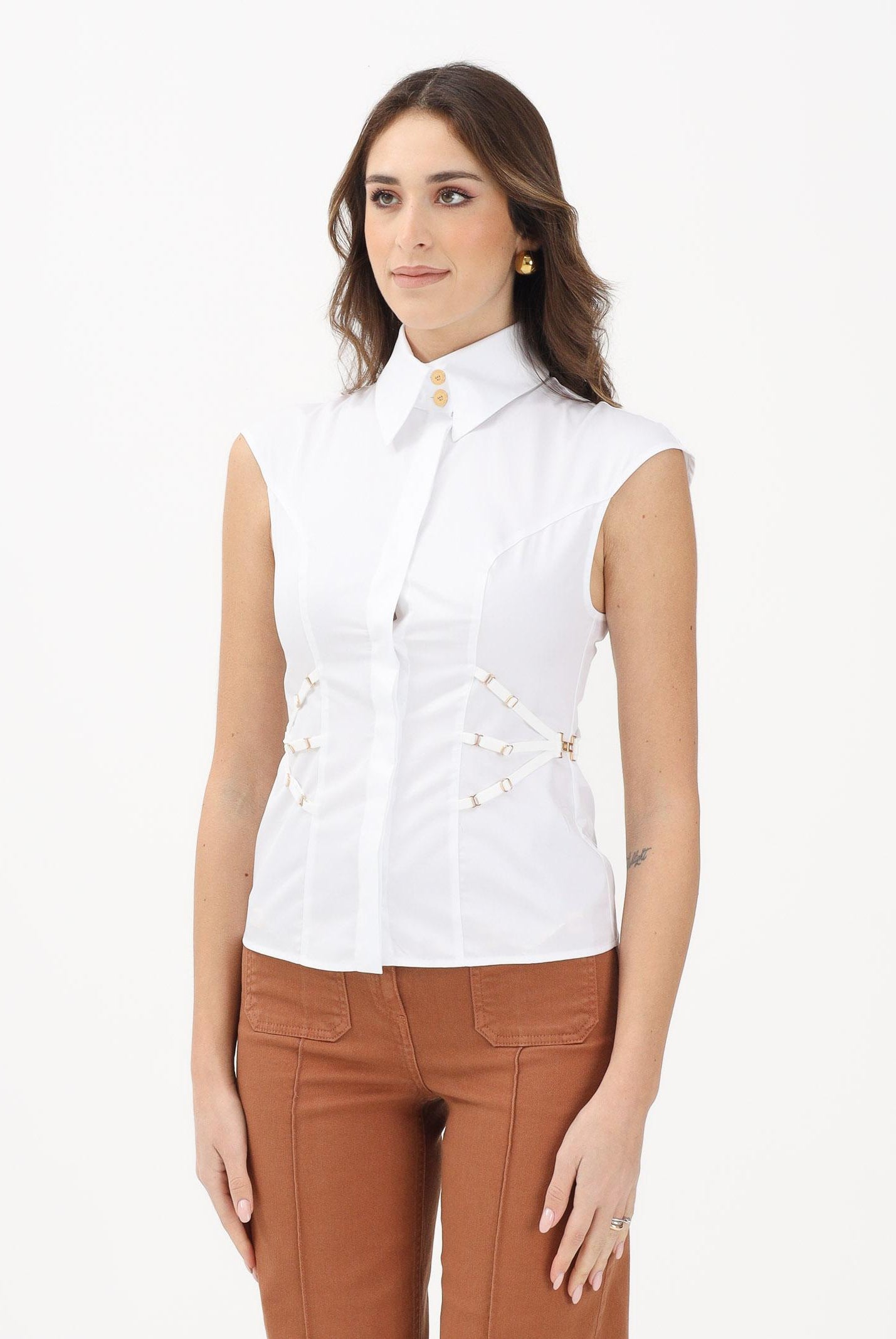 ELISABETTA FRANCHI Camicia smanicata bianca da donna con elastici CA14361E2 100 ELISABETTA FRANCHI
