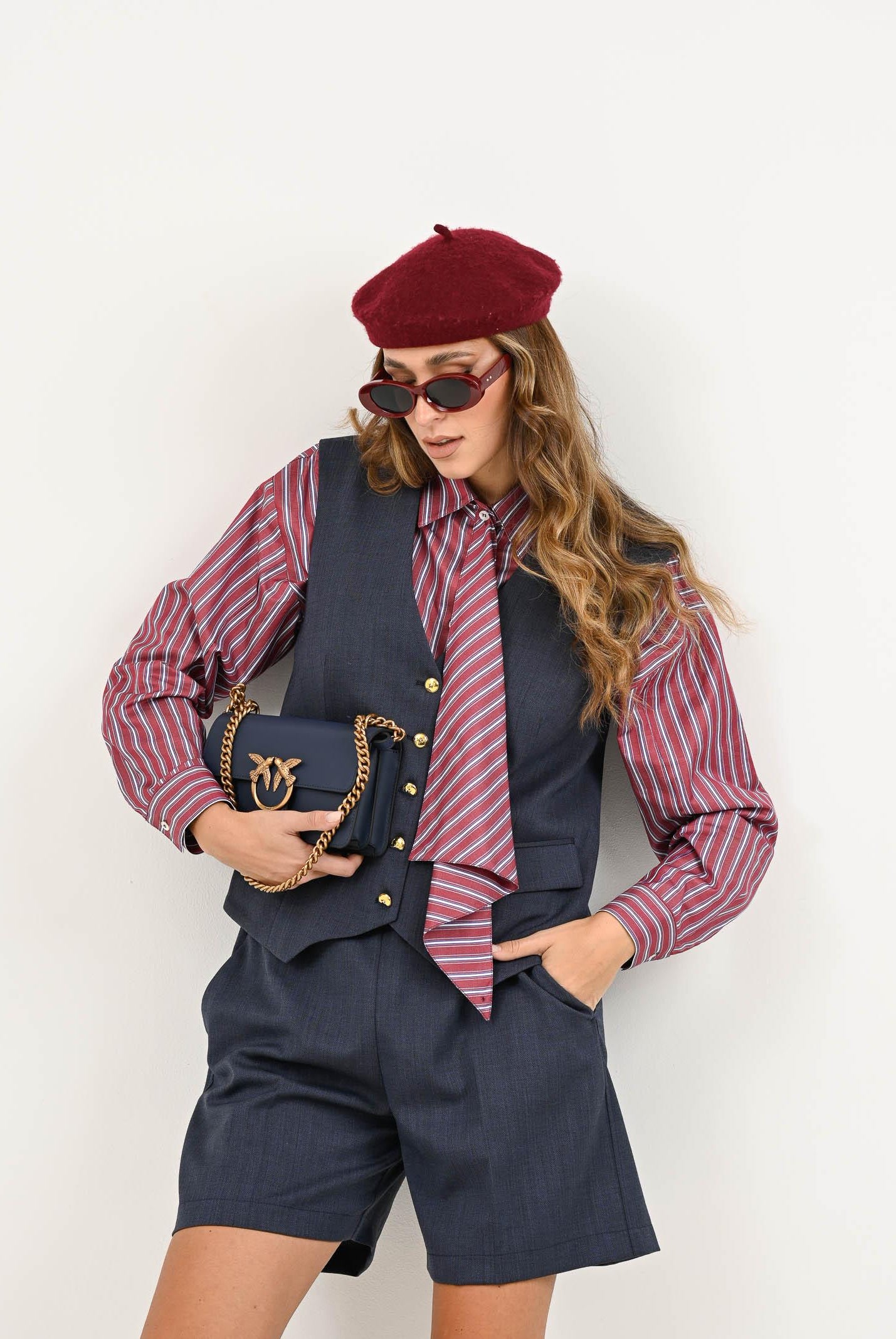 SIMONA CORSELLINI Camicia a manica lunga bordeaux da donna con motivo a righe A25CPCA01201-C00172 V0741 SIMONA CORSELLINI