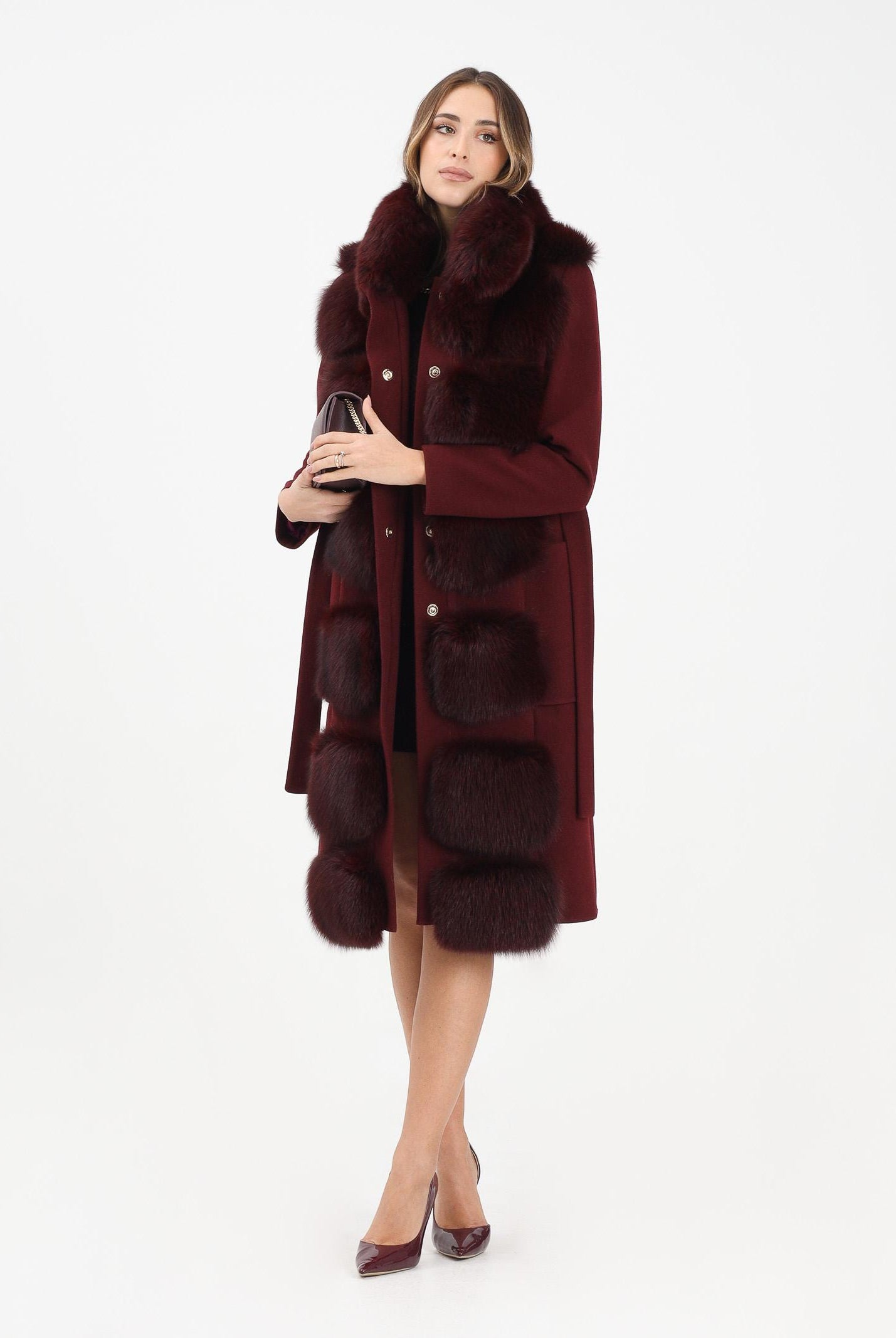 YES LONDON Cappotto bordeaux da donna con dettagli in vera pelliccia di volpe CD1207 BDX YES LONDON