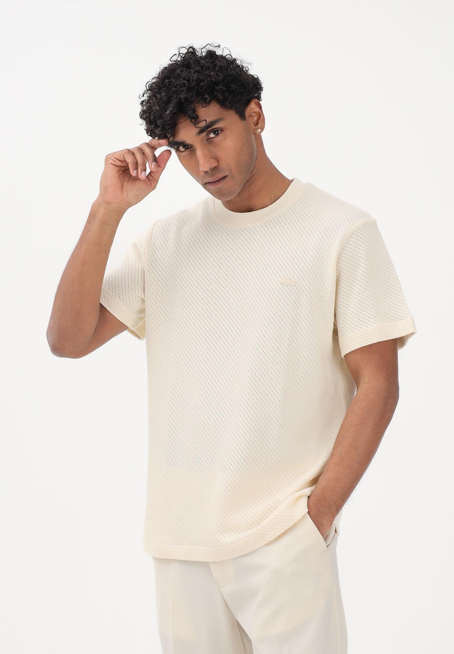 LACOSTE T-shirt a manica corta panna da uomo in cotone traforato TH2665 056 LACOSTE