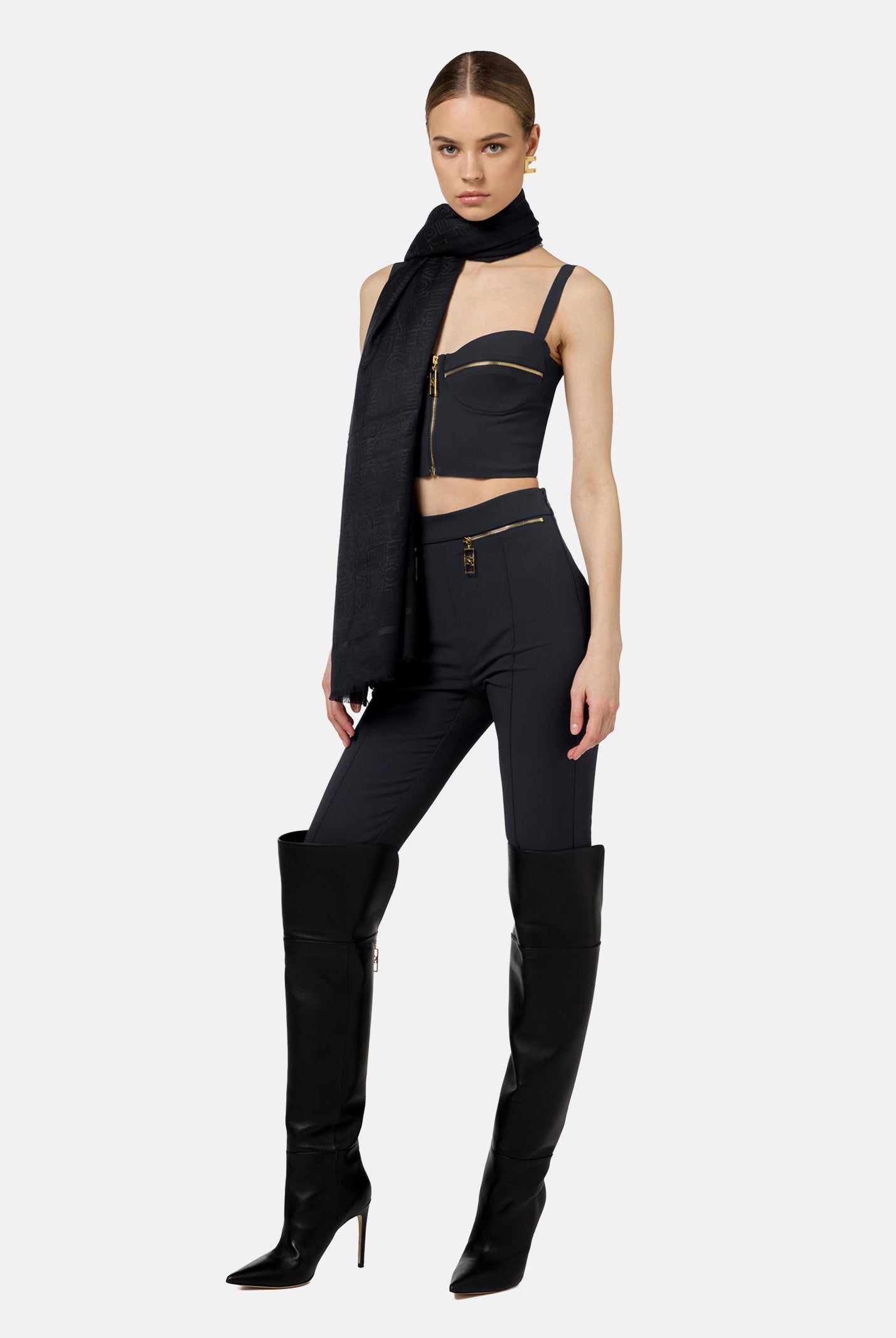 ELISABETTA FRANCHI Sciarpa nera da donna con lettering jacquard SC02F46E2 110 ELISABETTA FRANCHI