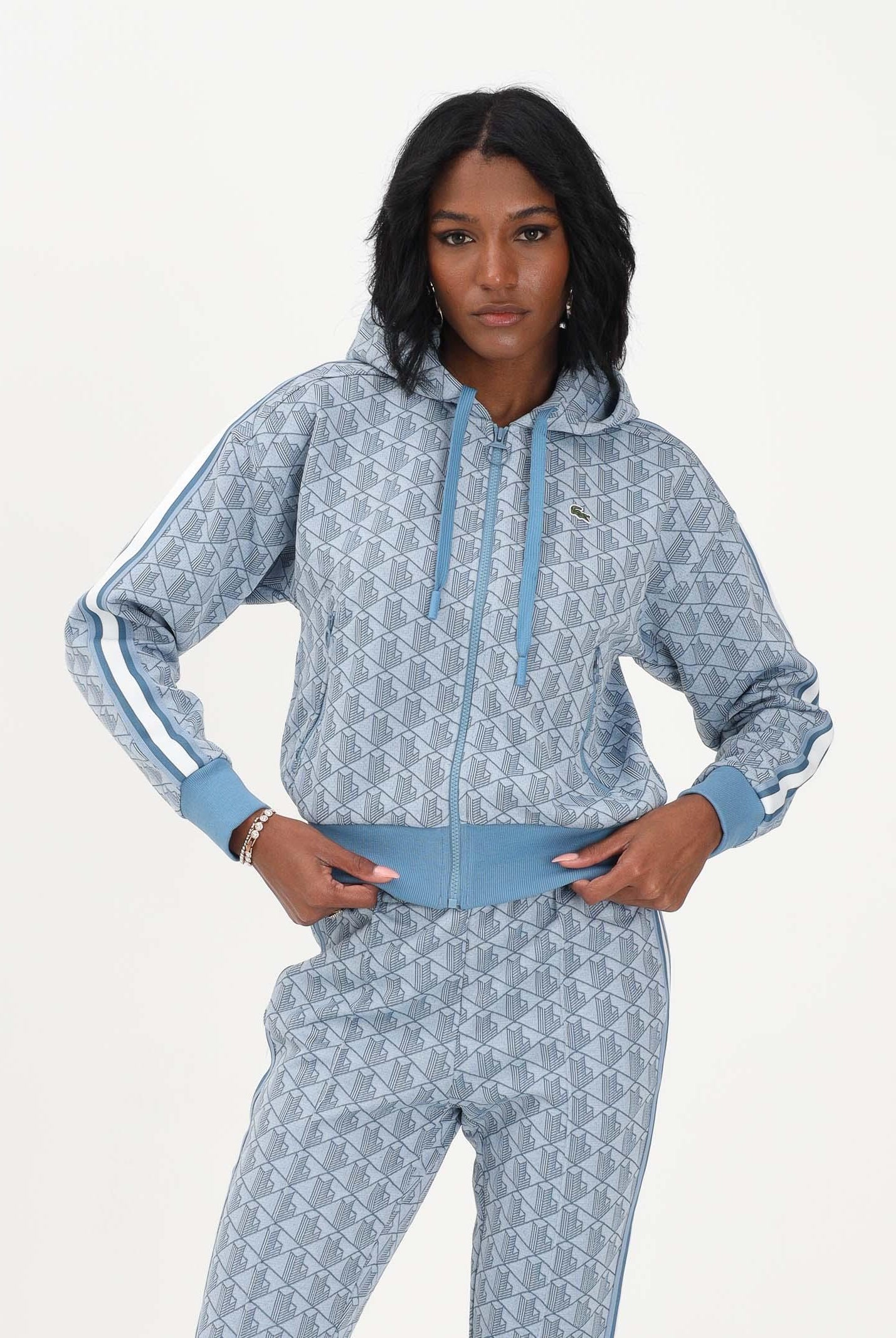 LACOSTE Felpa con zip azzurra da donna in jacquard con monogramma SF7606 1QI LACOSTE