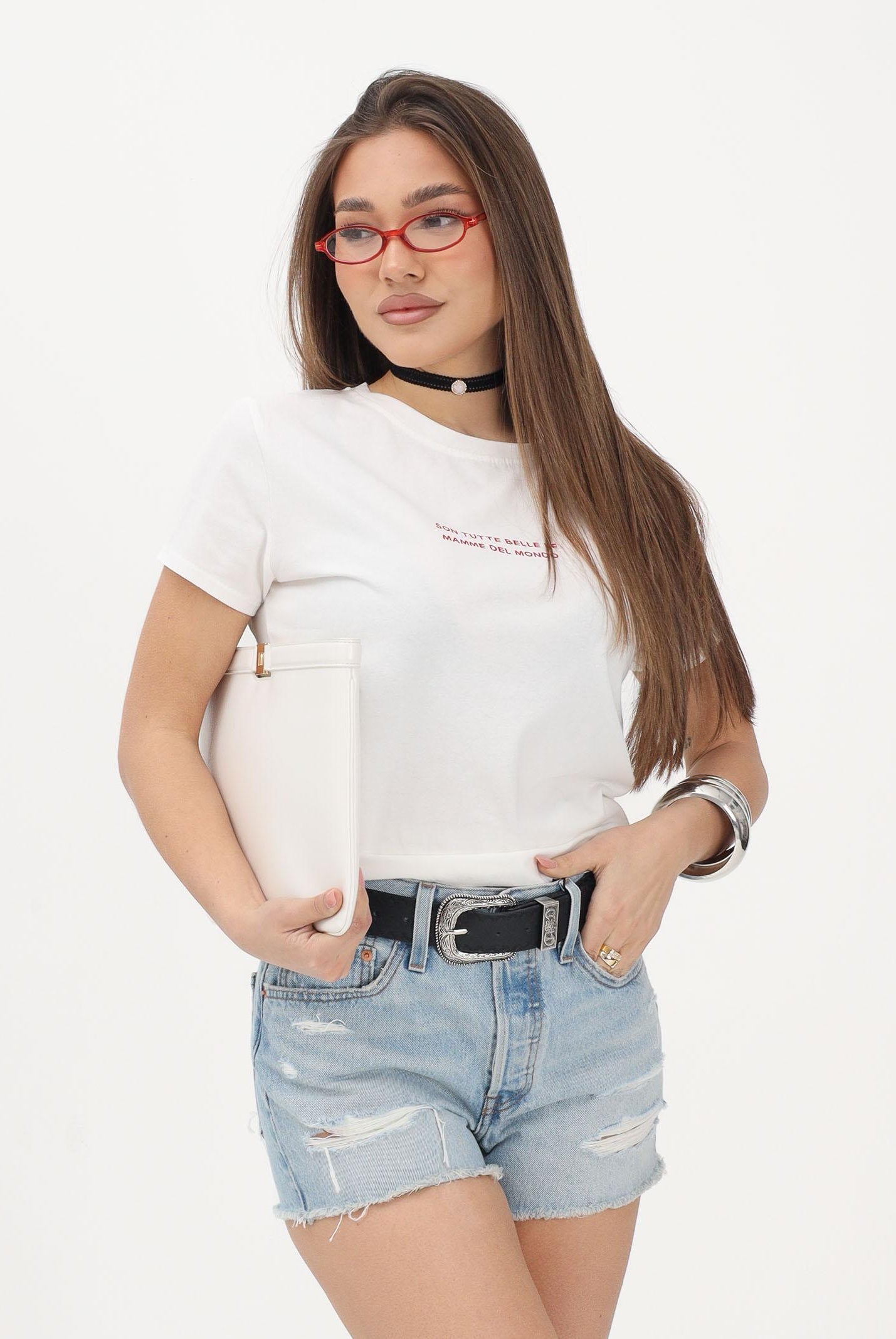VICOLO T-shirt a manica corta bianca da donna con stampa "Son tutte belle le mamme del mondo" RAB0740 02 VICOLO