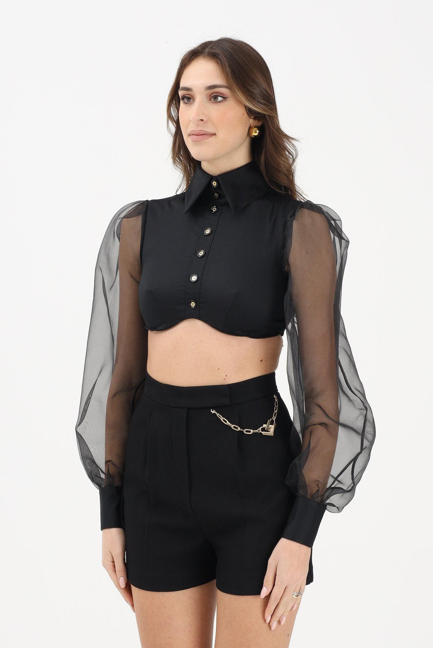 ELISABETTA FRANCHI Camicia crop nera da donna con maniche dai volumi balloon CA14461E2 110 ELISABETTA FRANCHI