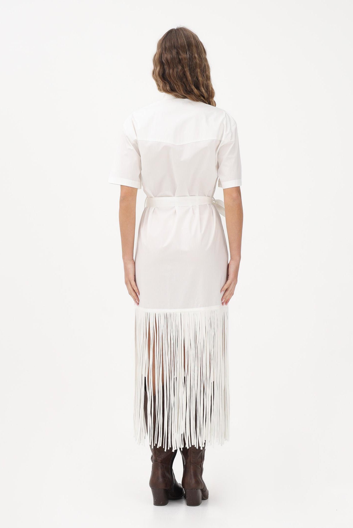 PINKO Abito midi chemisier bianco da donna con frange 106827A2LD Z05 PINKO