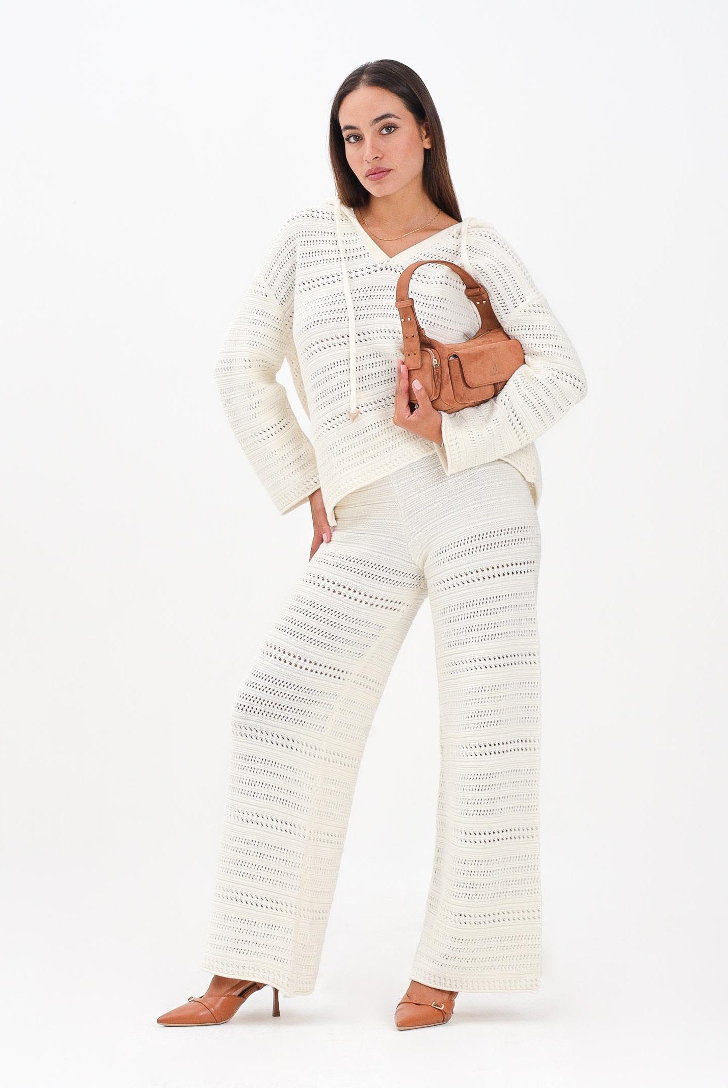 AKEP Pantalone panna da donna in maglia traforata PTKD11005 V2 AKEP