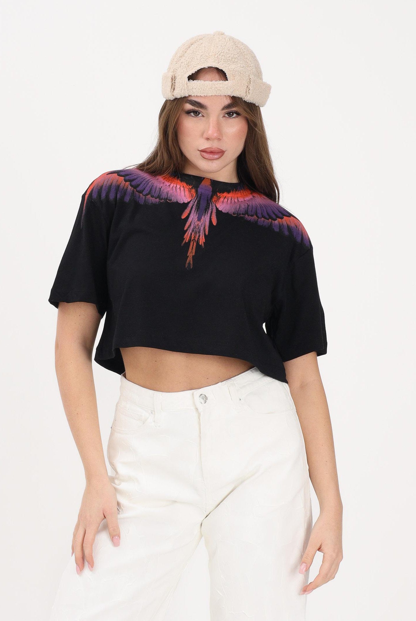 MARCELO BURLON COUNTY OF MILAN T-shirt a manica corta nera da donna con stampa ali e taglio crop 26ECM30122 NEVIAR MARCELO BURLON COUNTY OF MILAN
