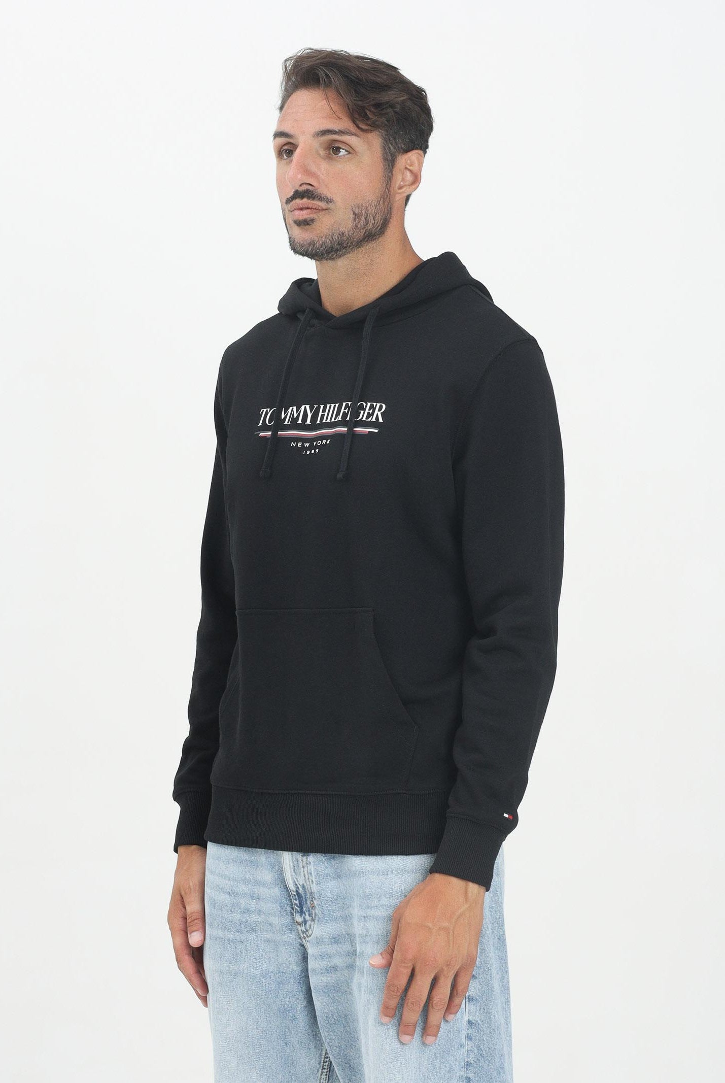 TOMMY HILFIGER Felpa con cappuccio nera da uomo rifinita da stampa logo MW0MW40534BDS TOMMY HILFIGER