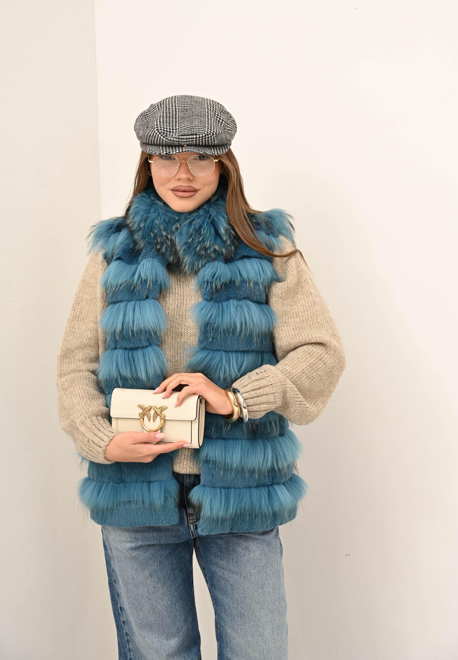 MEHRAN Pelliccia smanicata azzurro petrolio da donna 25160BLU BLU MEHRAN