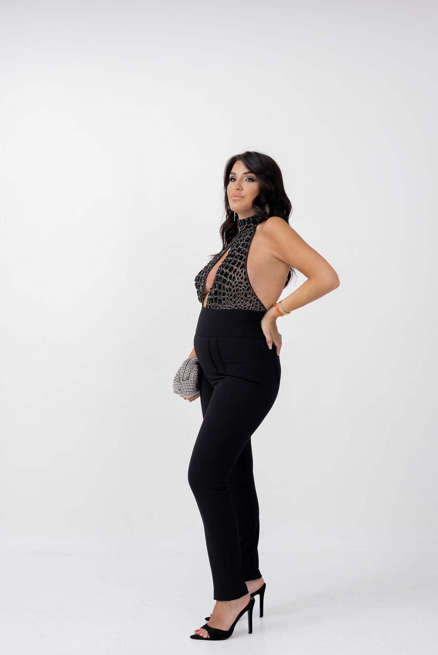 ELISABETTA FRANCHI Tuta nera da donna con ricamo strass TU06257E2 110 ELISABETTA FRANCHI