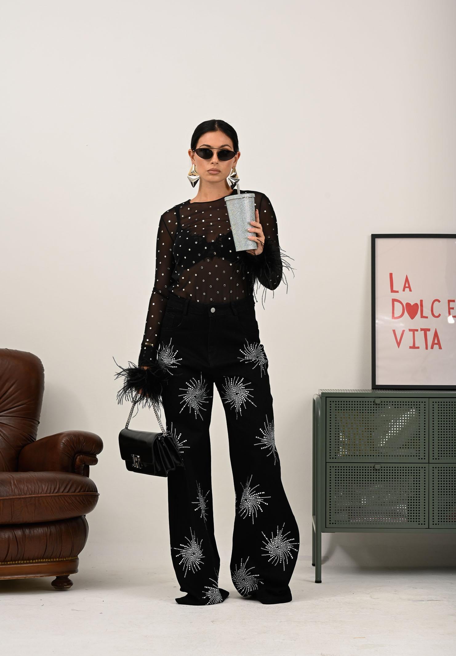 ALMA SANCHEZ Top Taime nero da donna con applicazioni di micro strass AS2526016RT 999 ALMA SANCHEZ