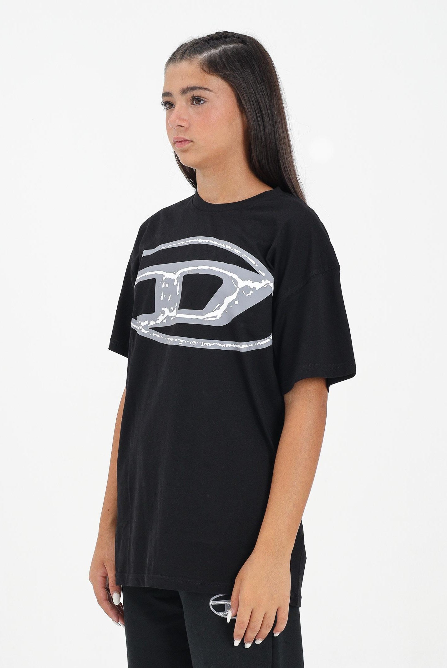 DIESEL T-shirt a manica corta nera per donna, ragazzi e bambini con maxi logo Oval D J02477KYAUN K900 DIESEL