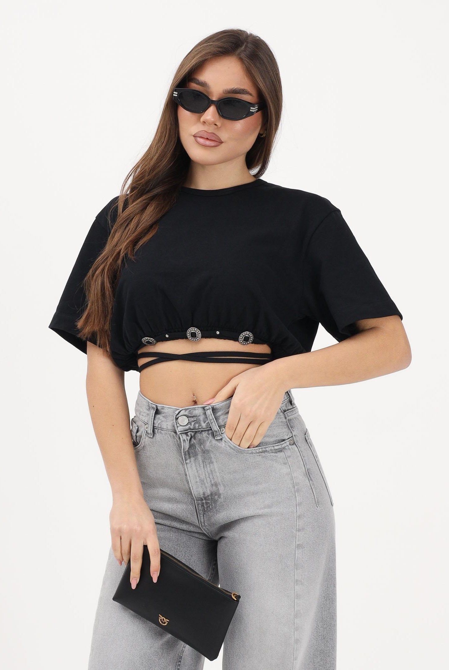 PINKO T-shirt a manica corta nera da donna con applicazioni metalliche 106907A3AR Z99 PINKO