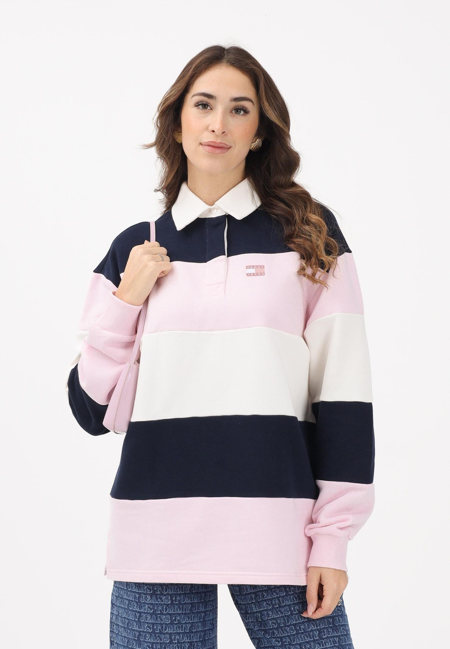 TOMMY JEANS Felpa stile polo da donna con motivo a righe blu, rosa e panna DW0DW21927 TOG TOMMY JEANS