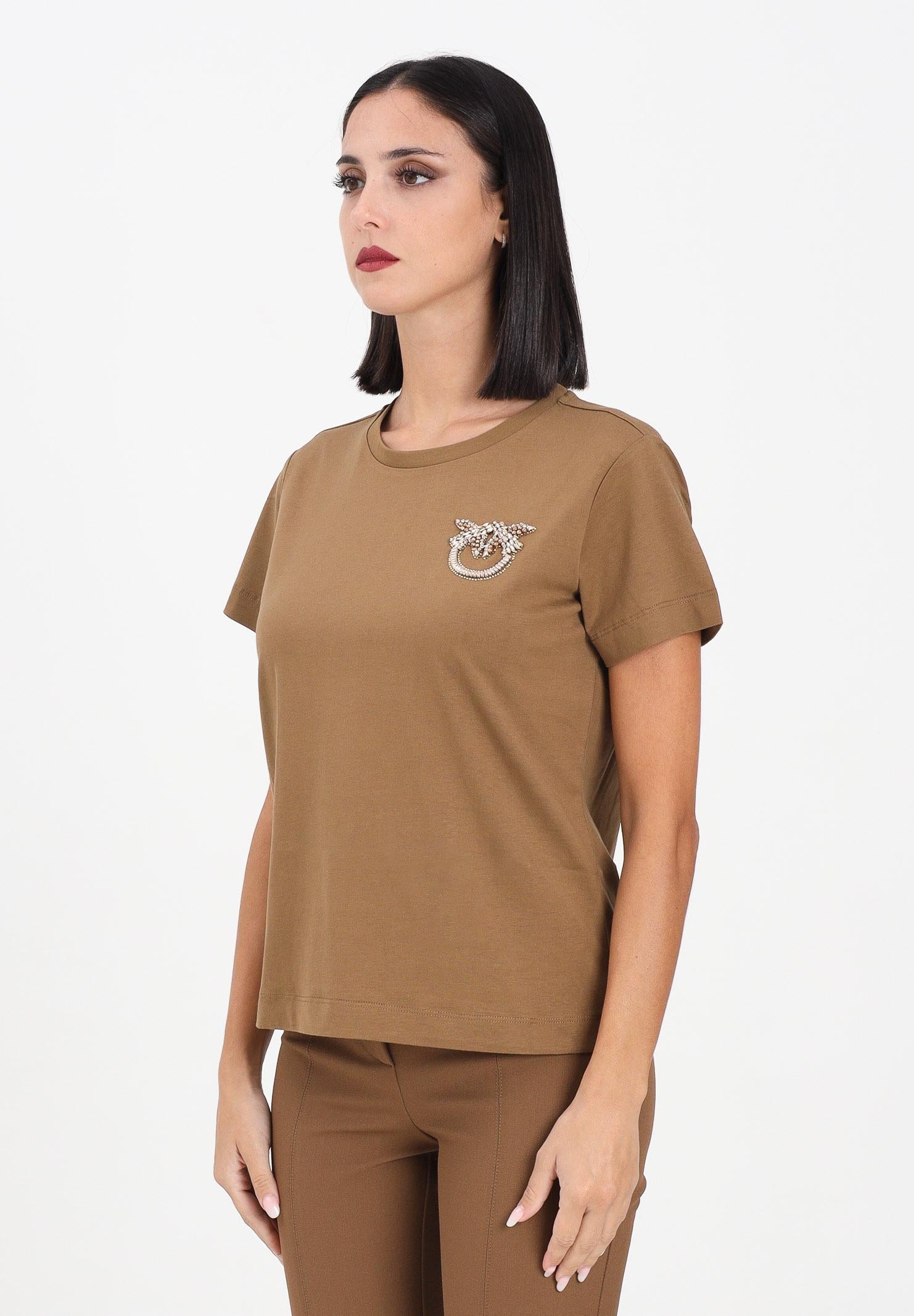 PINKO T-shirt a manica corta marrone da donna con ricamo logo Love Birds in cristalli 103320A2RN M10 PINKO