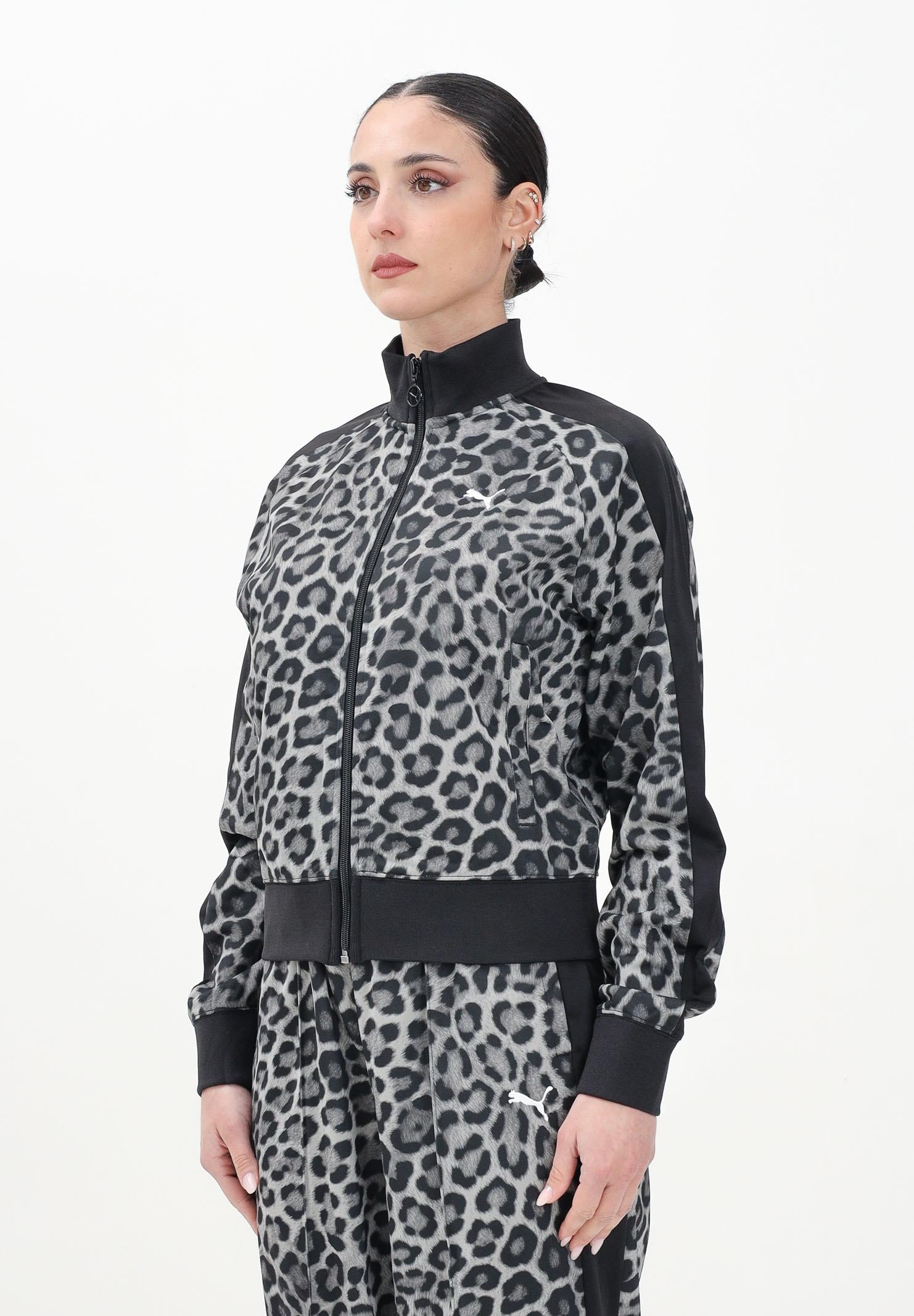 PUMA Felpa con zip T7 Leo Luxe All-Over Print nera da donna 632342 01 PUMA