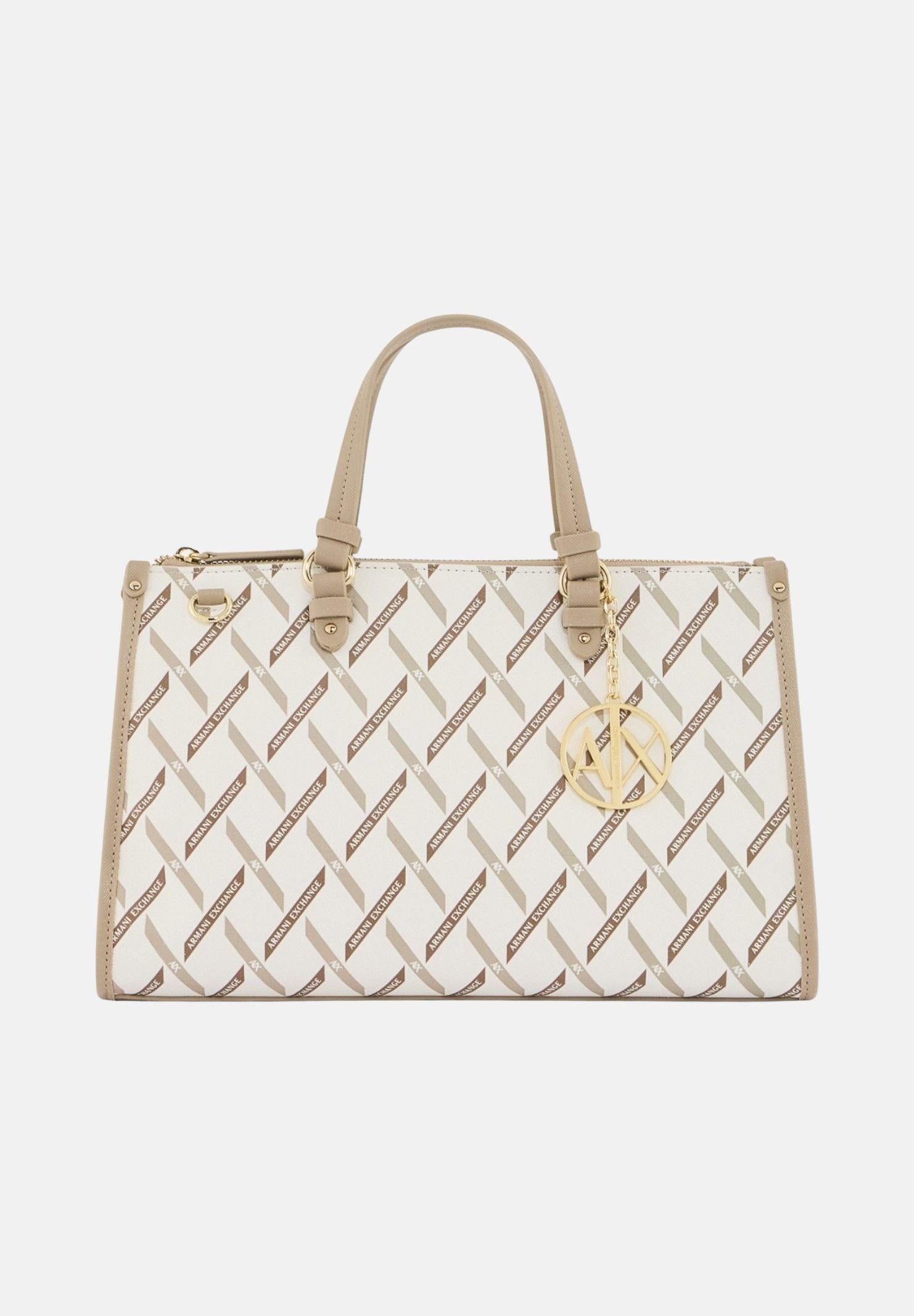 ARMANI EXCHANGE Borsa a mano bianca e beige da donna con logo all-over XW000400AF17155 M1245 ARMANI EXCHANGE