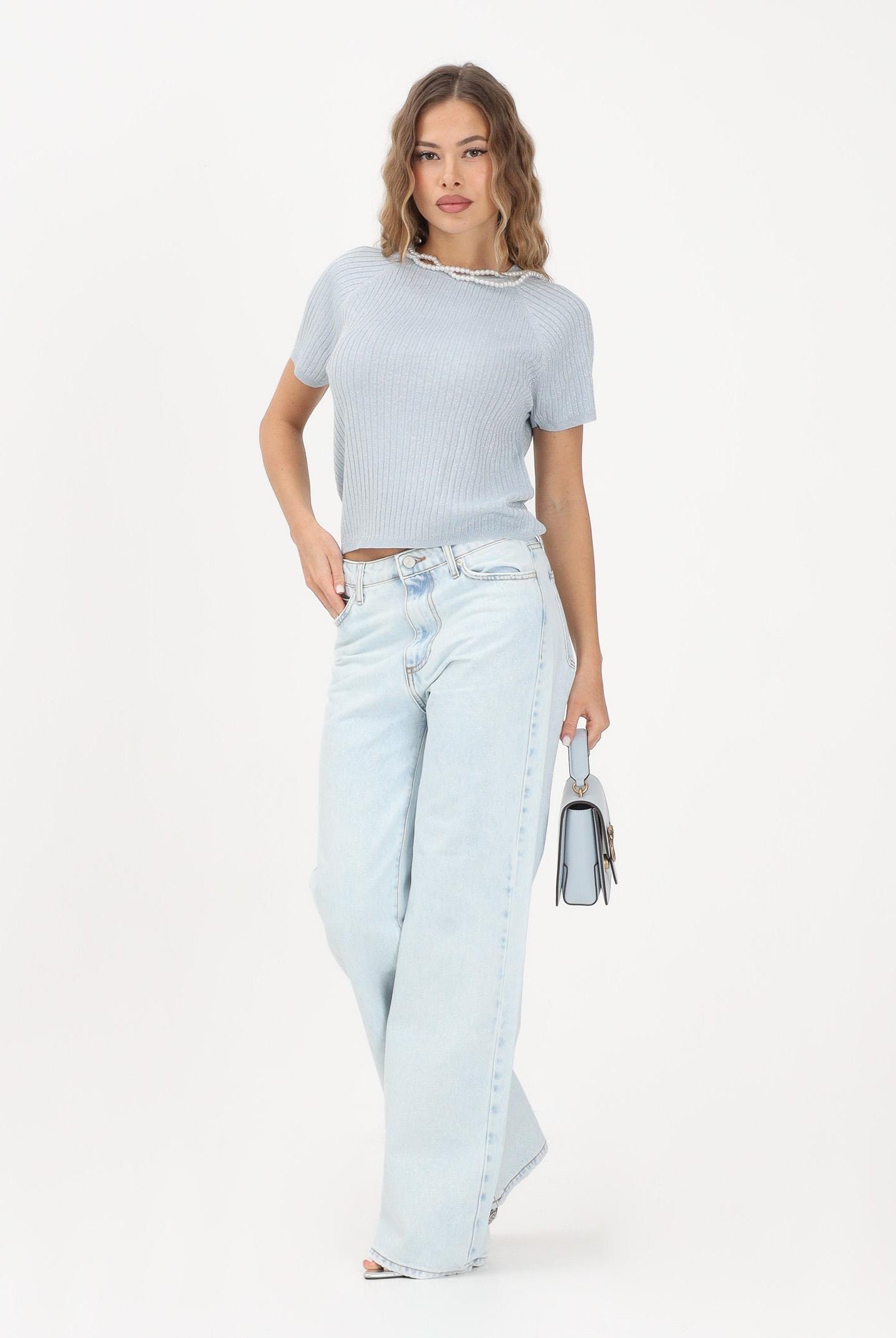 JDY Maglia girocollo azzurra da donna in filo 15334641 CABLW JDY