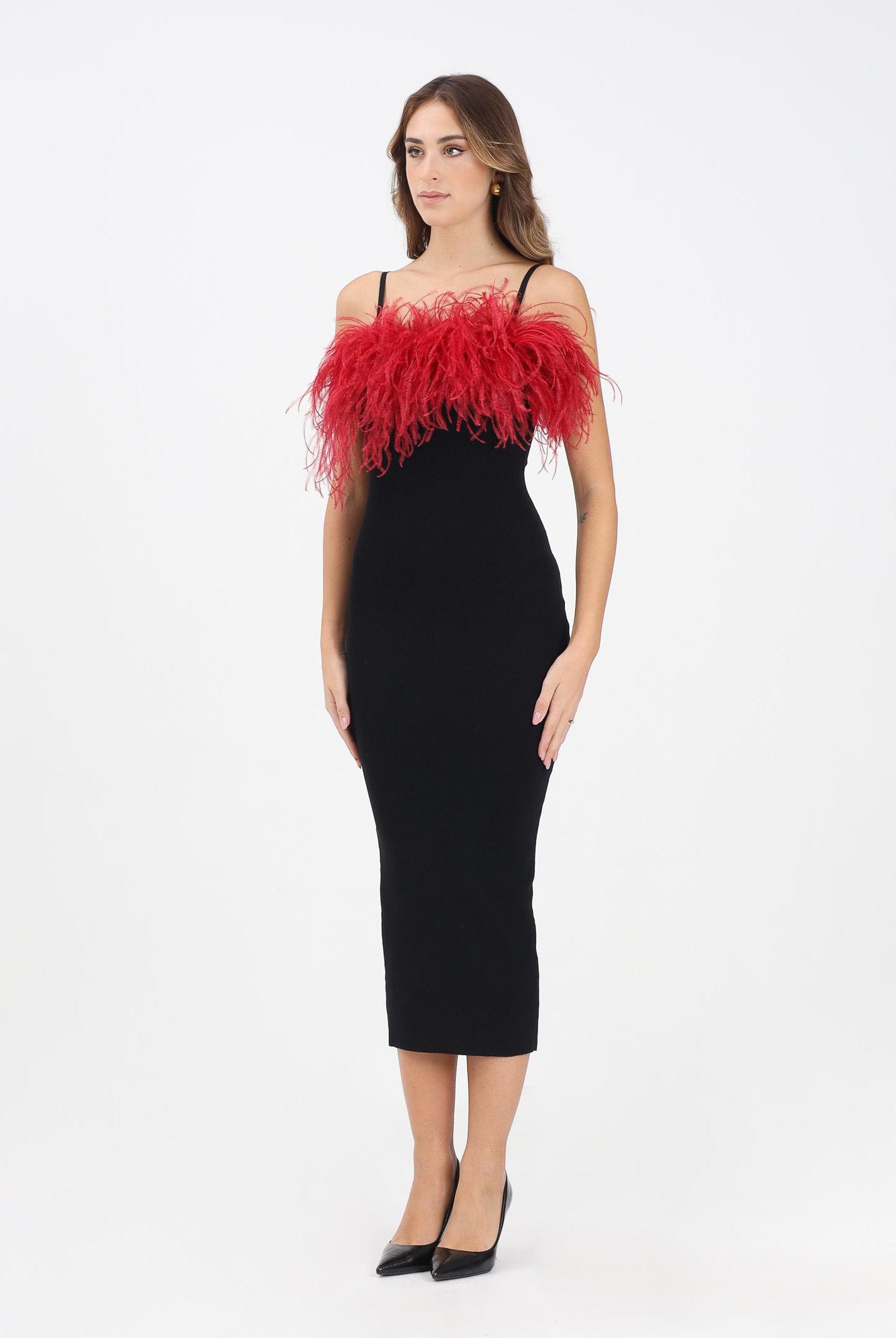 NOELL MAGGINI Abito midi nero da donna con piume bordeaux 00126083 NEBO NOELL MAGGINI