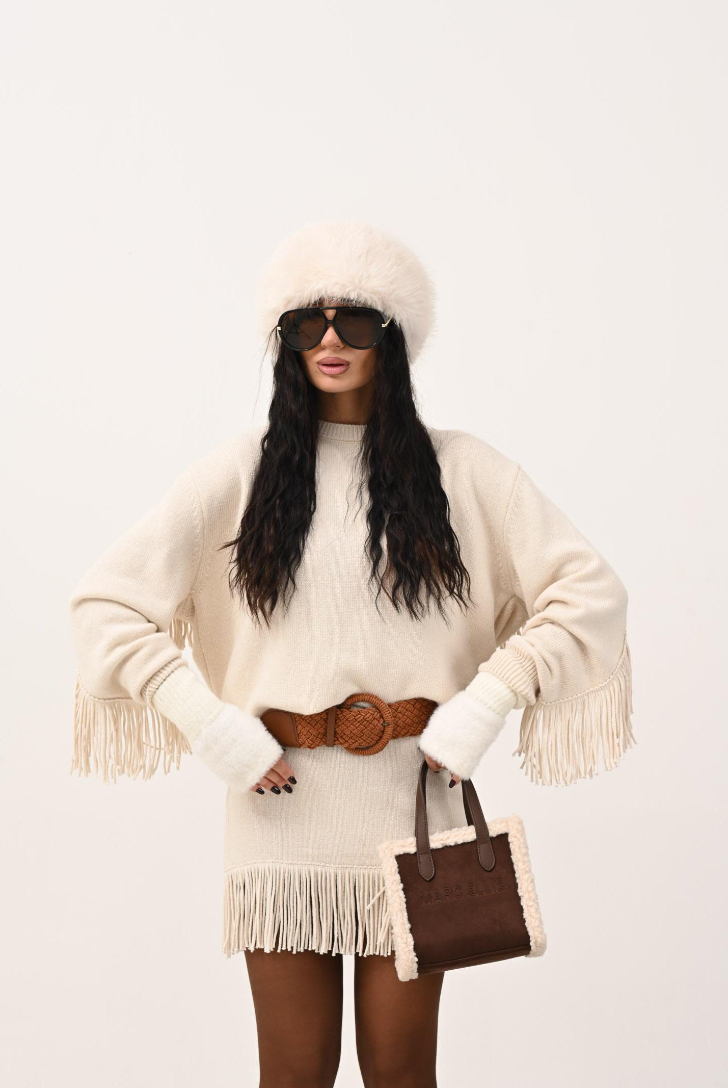 AKEP Maglioncino girocollo panna da donna in maglia rasata con frange MGKD11074 V1 AKEP