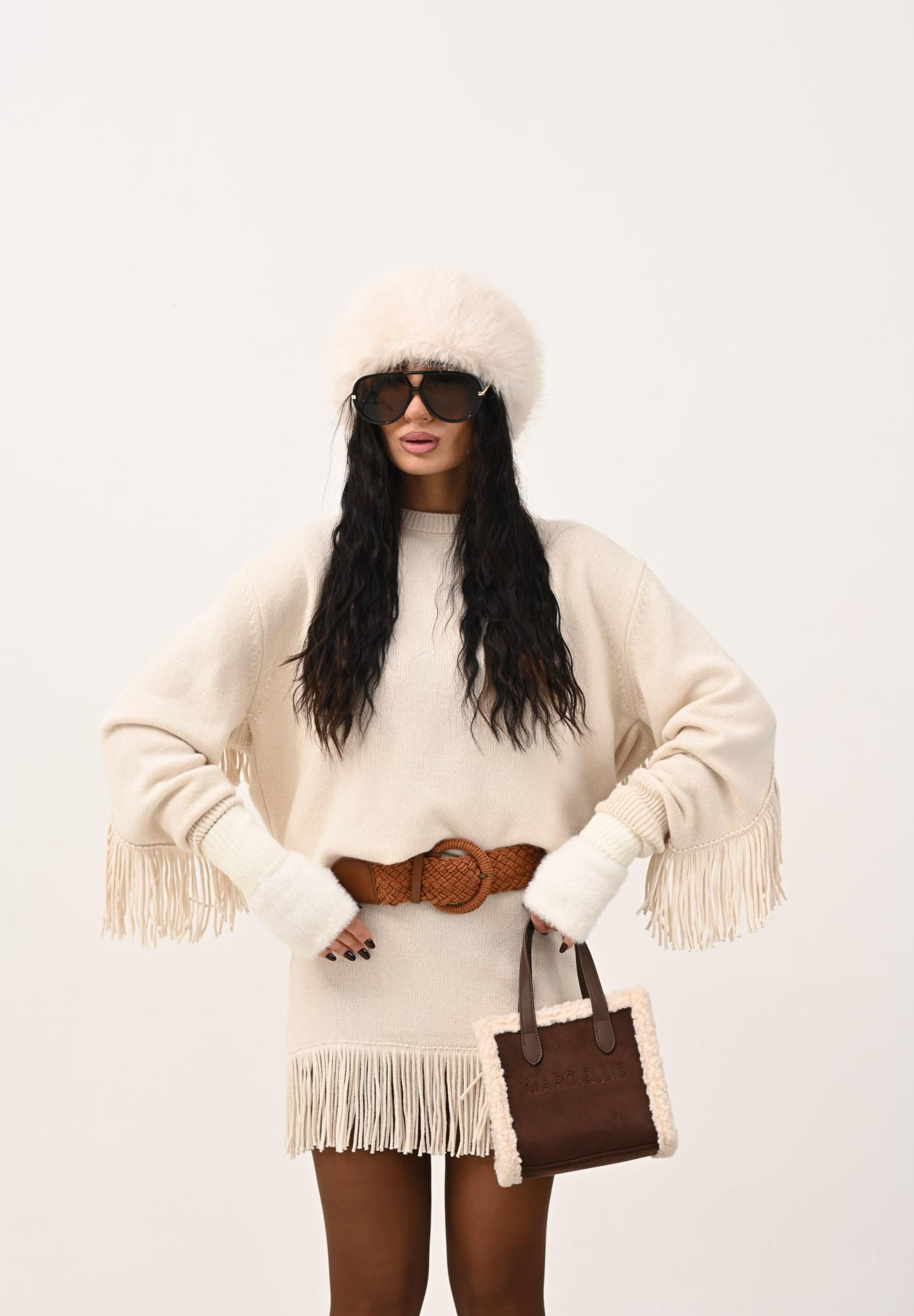 AKEP Maglioncino girocollo panna da donna in maglia rasata con frange MGKD11074 V1 AKEP