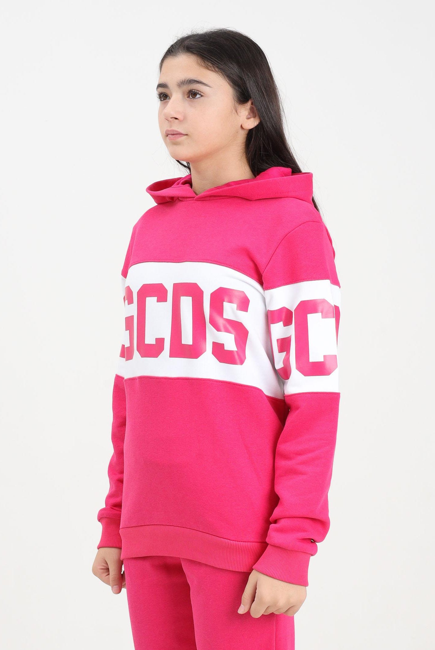 GCDS Felpa con cappuccio fucsia per donna, ragazze e bambine rifinita da stampa logo B2JU1926BA2 59 GCDS