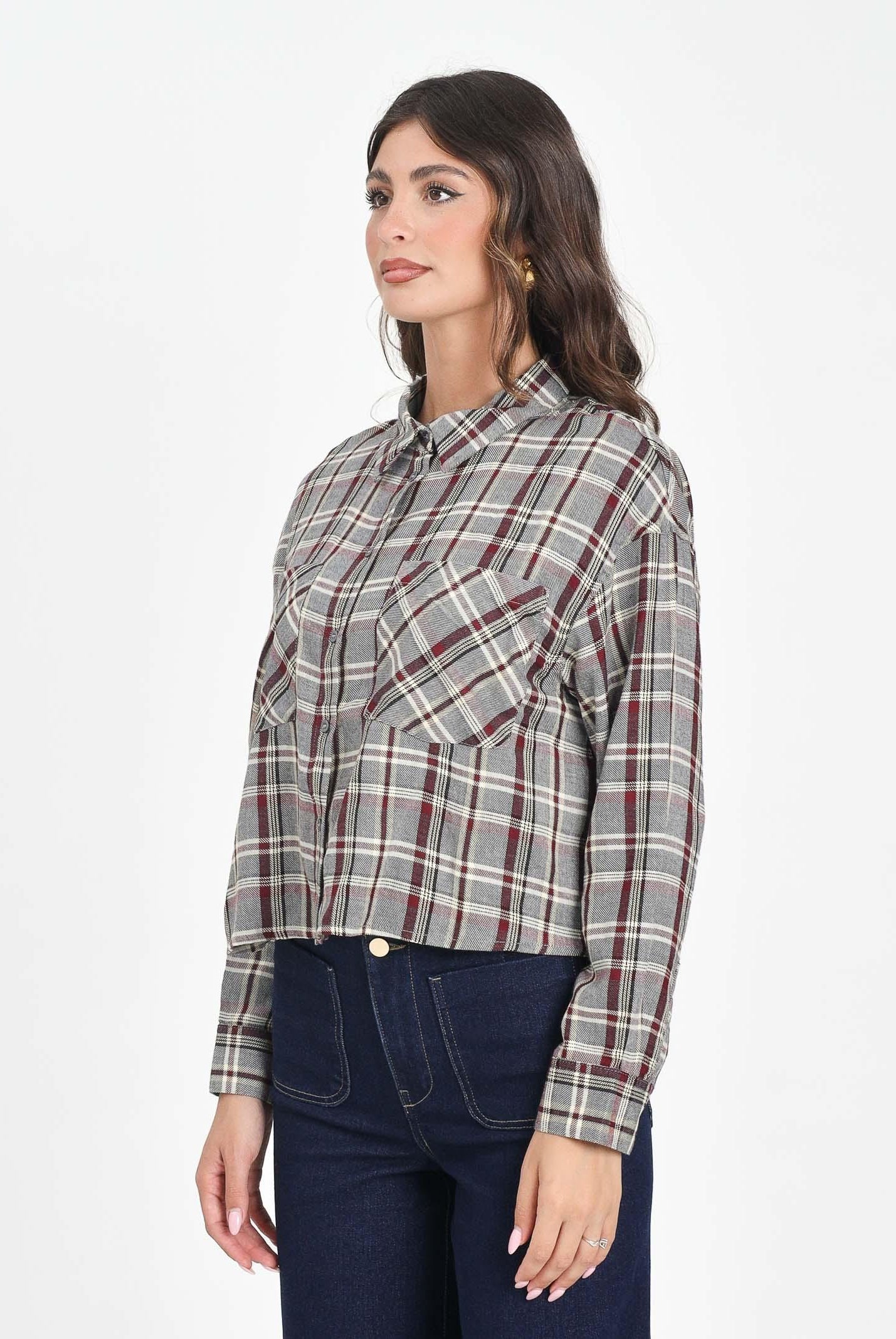 ONLY Camicia a manica lunga da donna con fantasia a quadri nei toni del grigio, bordeaux e panna 15351443 Gargoyle ONLY