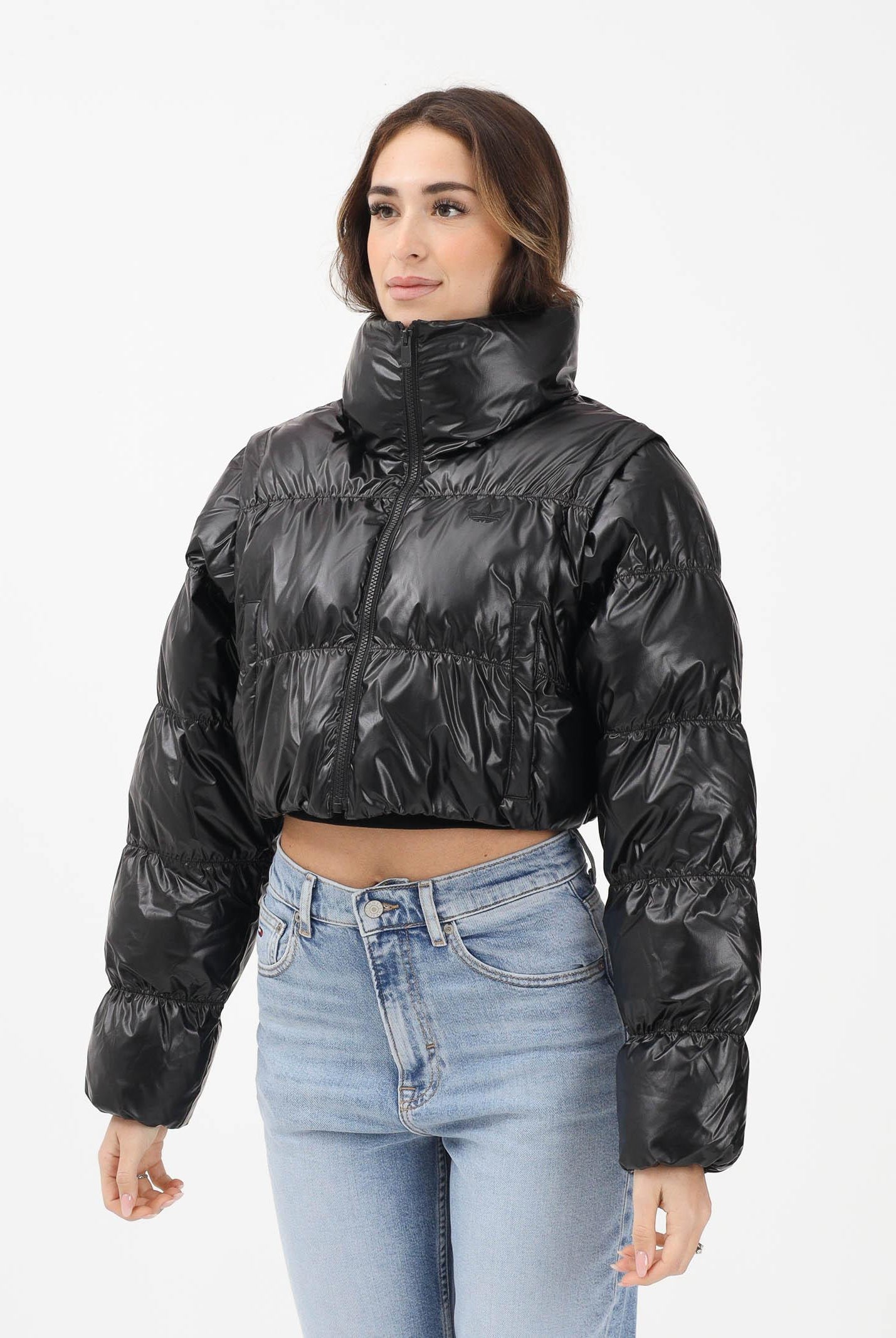 ADIDAS ORIGNALS Piumino croppato Essentials Glossy 2-In-1 nero da donna JX2988 . ADIDAS ORIGINALS