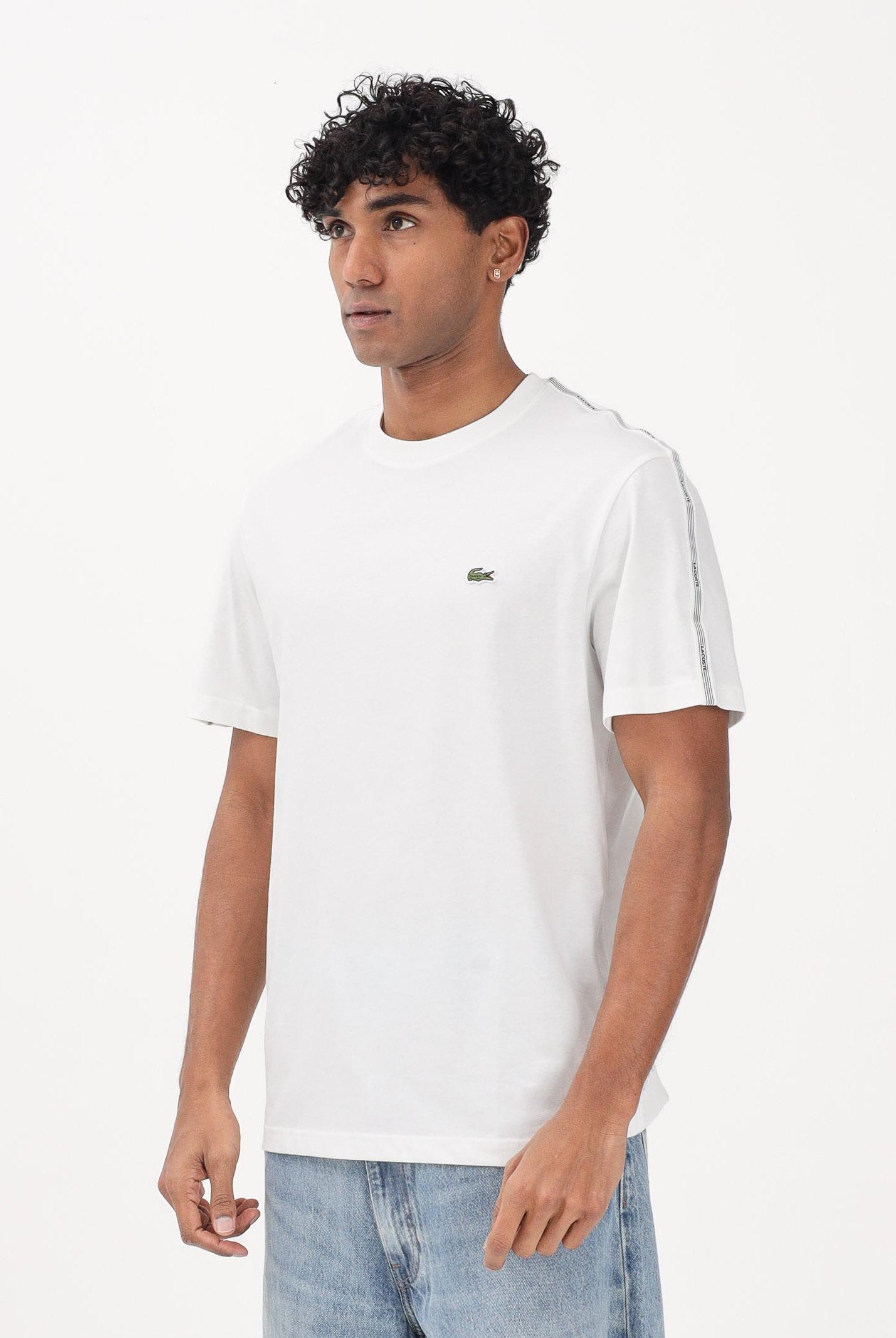 LACOSTE T-shirt a manica corta bianca da uomo con fascia a righe firmata TH0888 70V LACOSTE