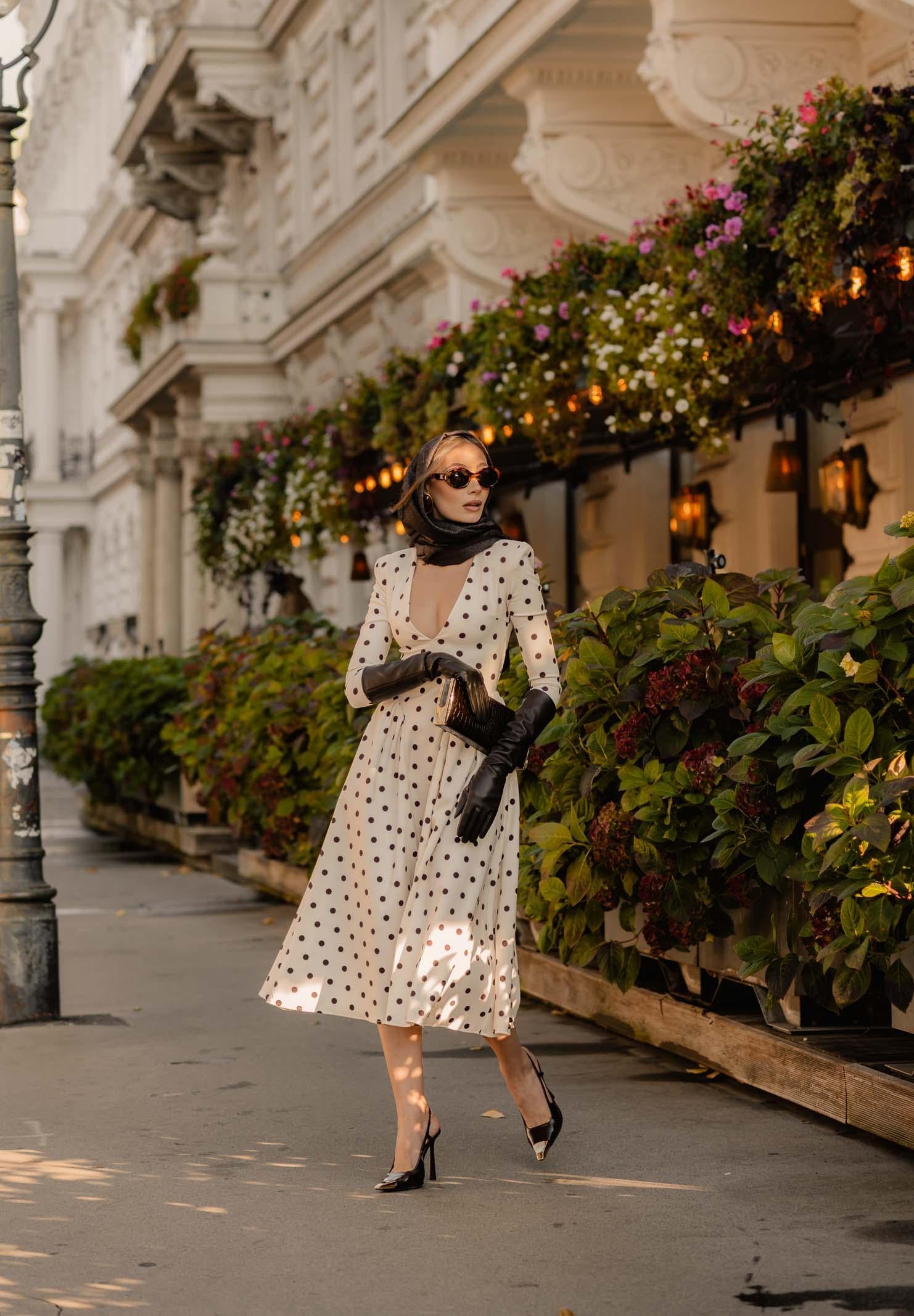 SANTAS Abito midi DOUCEUR avorio da donna con pois marroni PV2603 POMA SANTAS