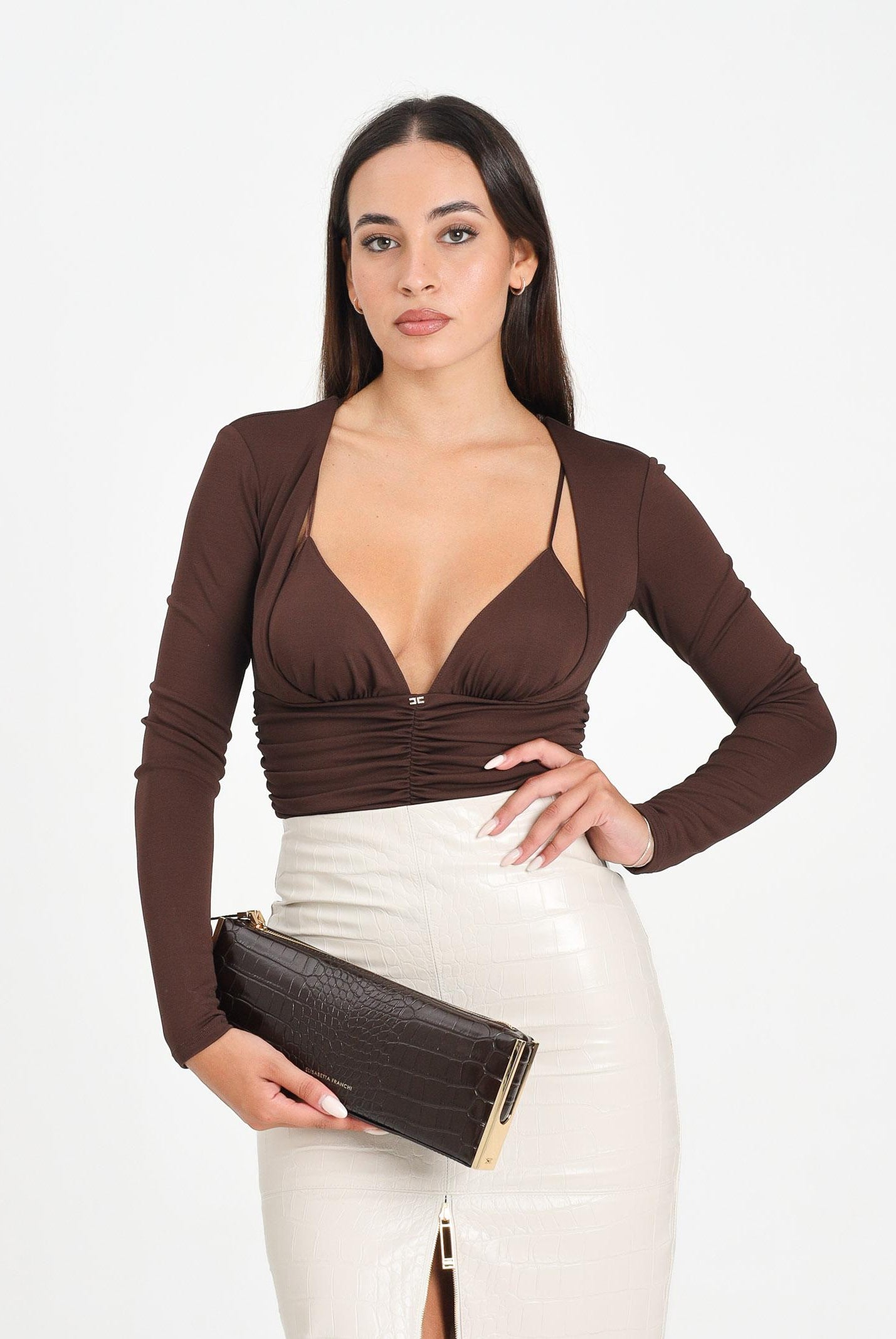 ELISABETTA FRANCHI Body manica lunga marrone da donna con drappeggi BO00356E2 EA3 ELISABETTA FRANCHI